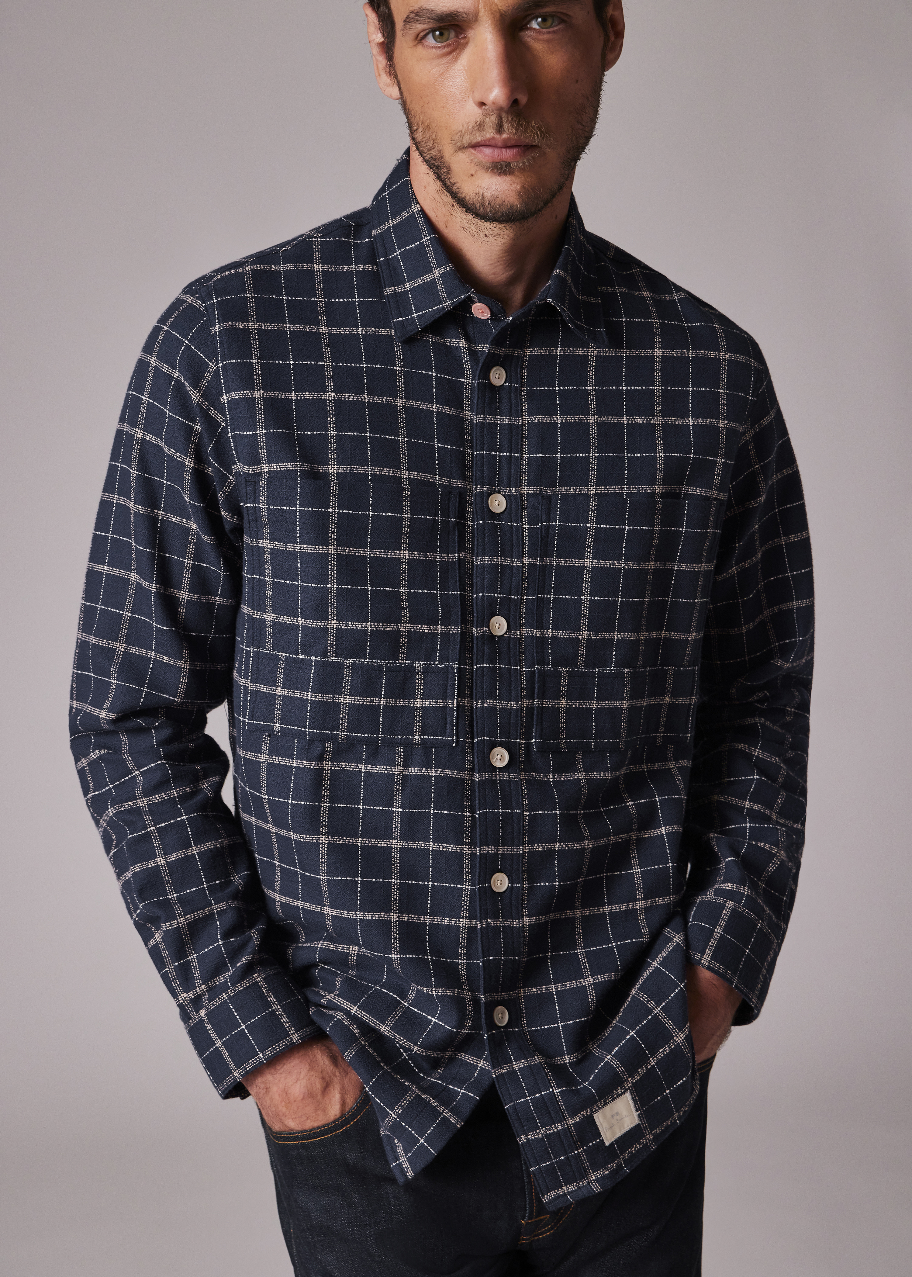 Regular-Fit Navy Cotton Crepe Check Overshirt - 3