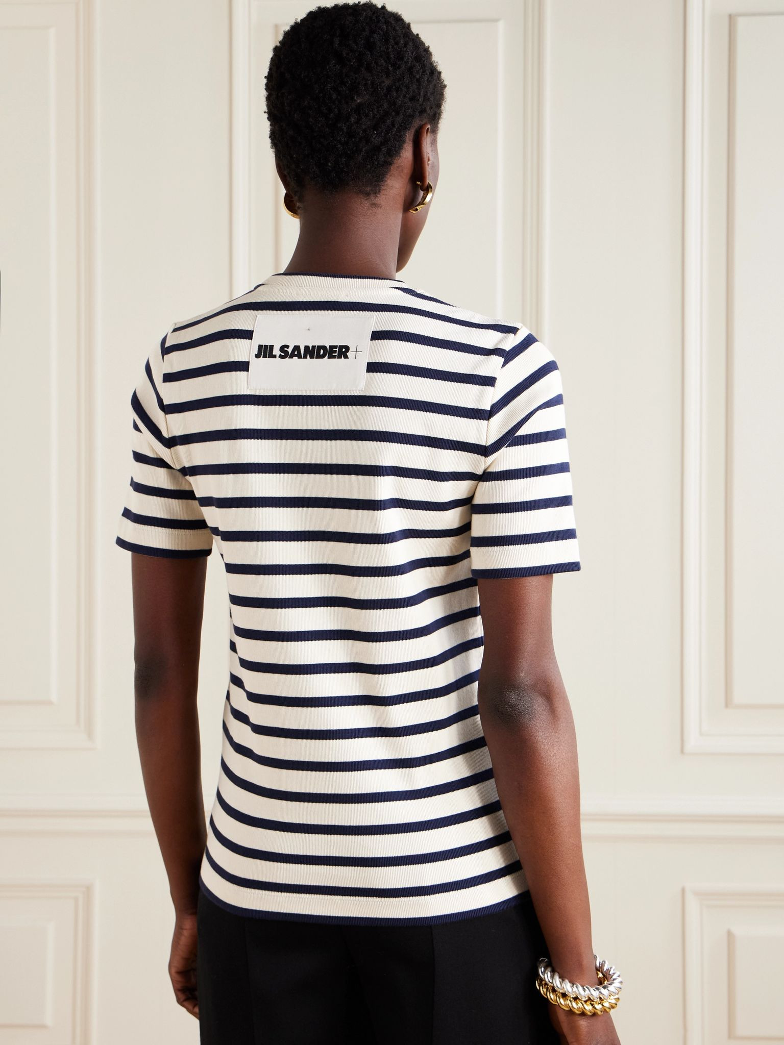 Striped knitted cotton T-shirt Cream - 3