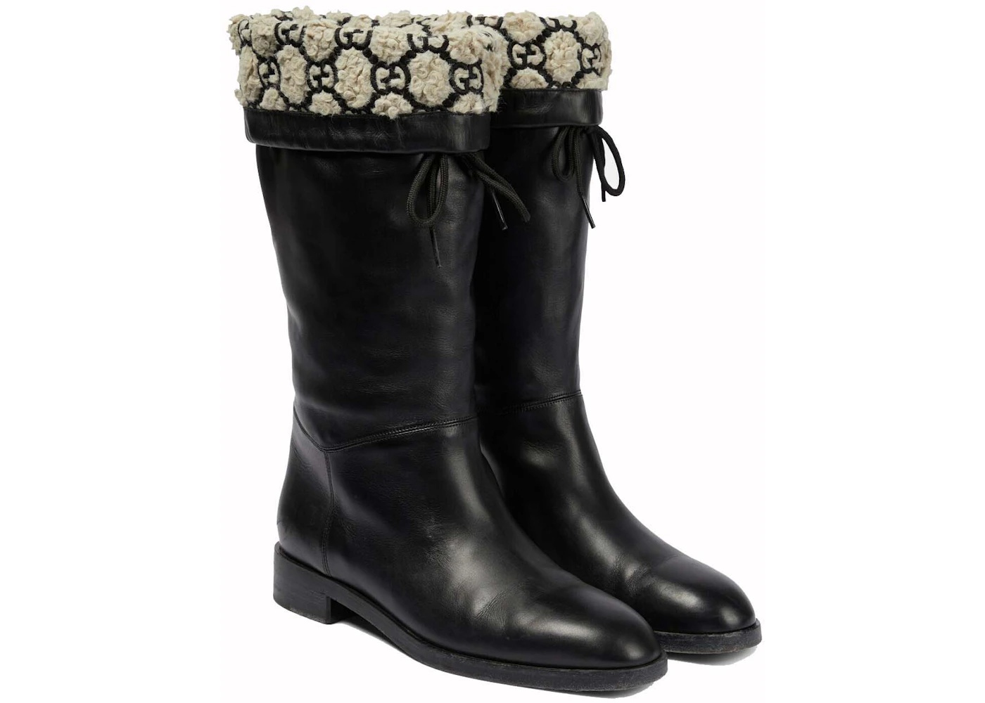 Gucci Drawstring Knee High Boots Black Beige (Women's) - 2
