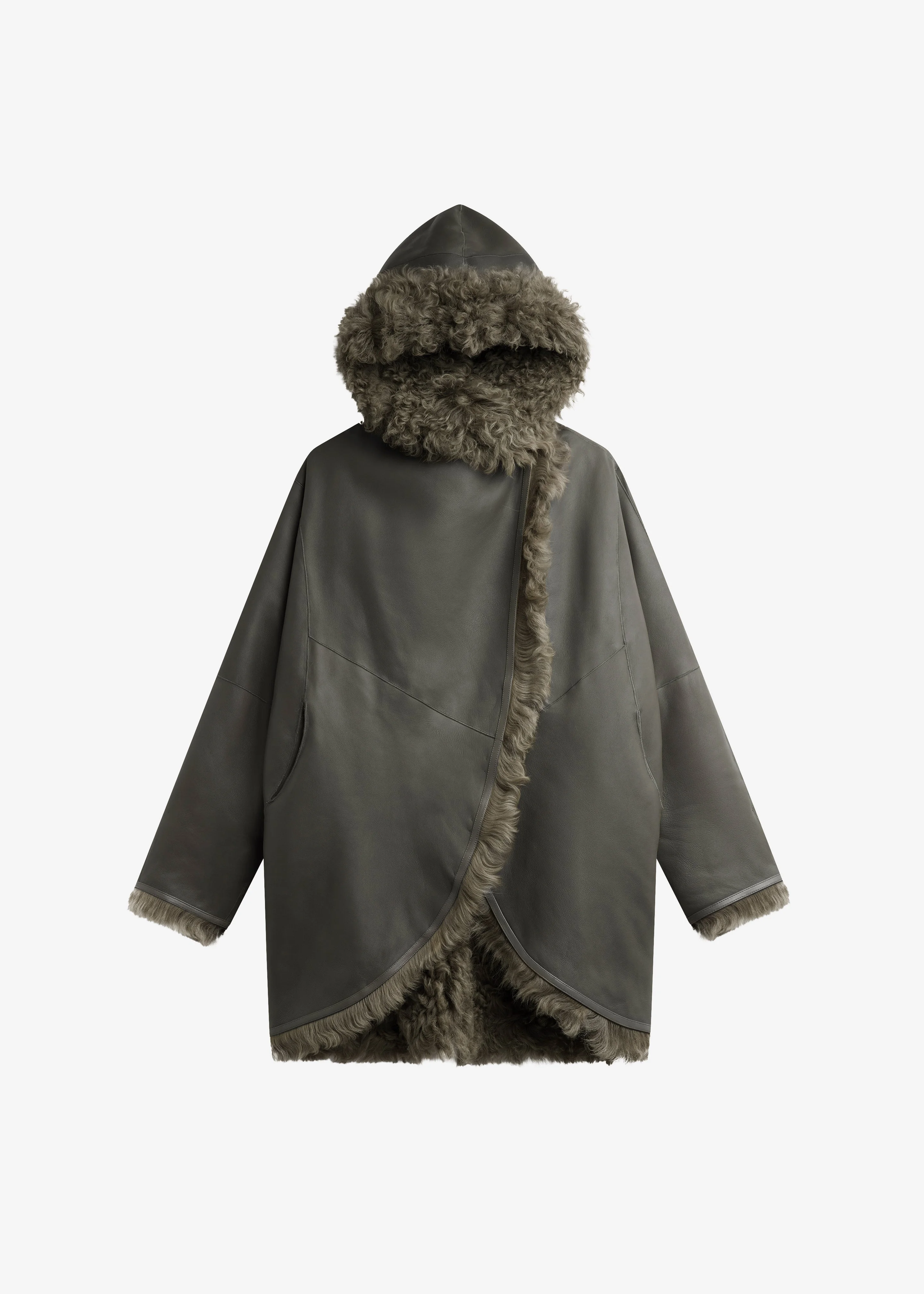 Ambra Shearling Hooded Short Coat - Dark Olive - 1