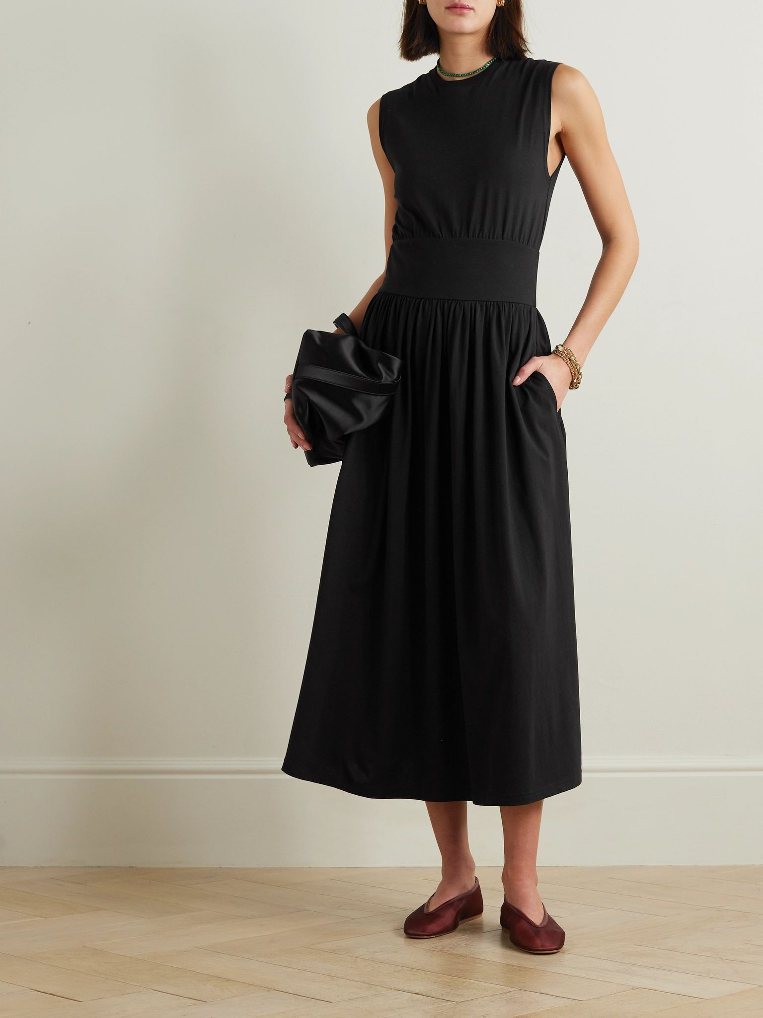 Pleated organic cotton-jersey midi dress Black - 2