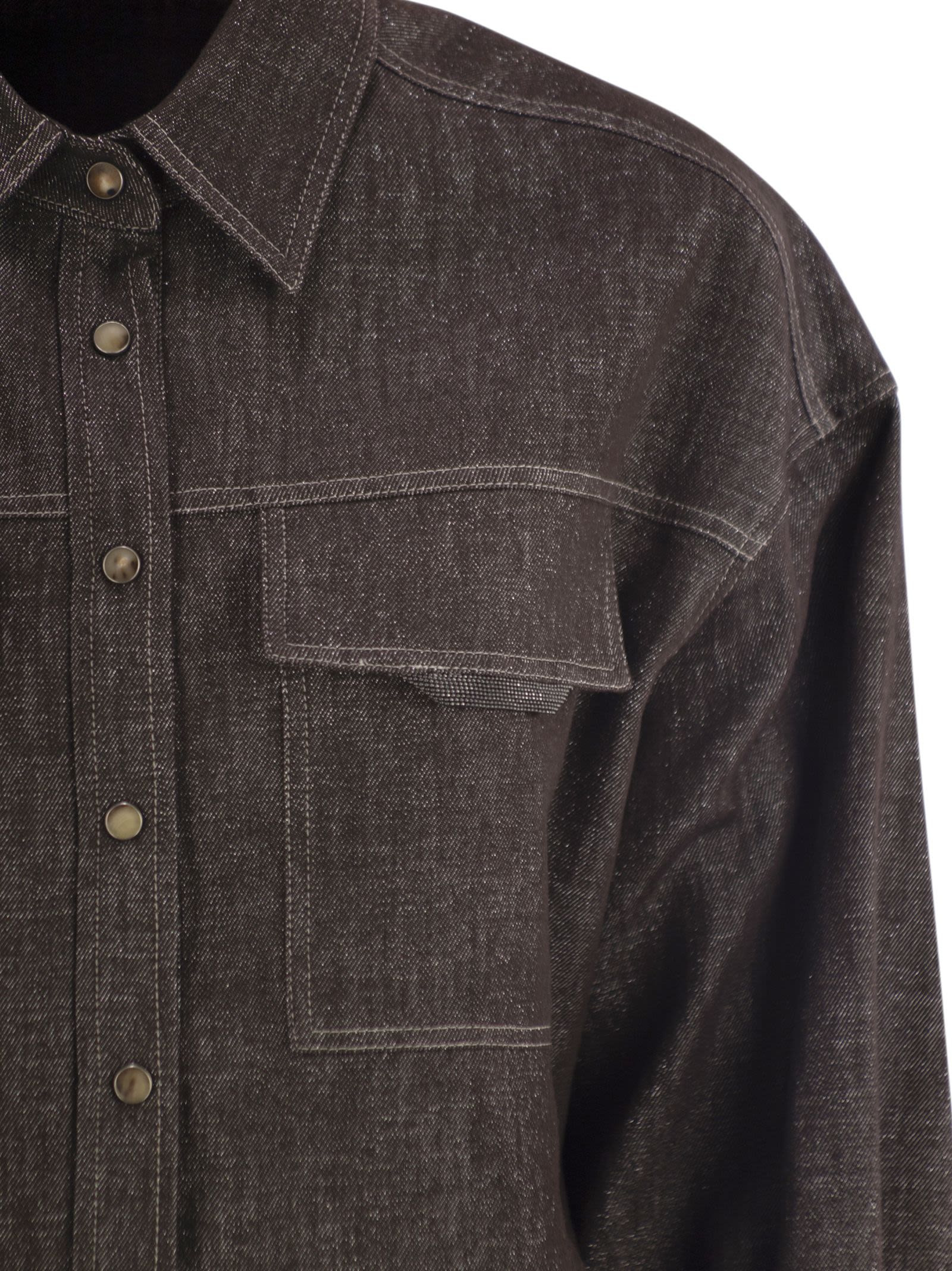 Brunello Cucinelli Women Sparkling No-Fade Denim Shirt With Shiny Flap Detail - 4