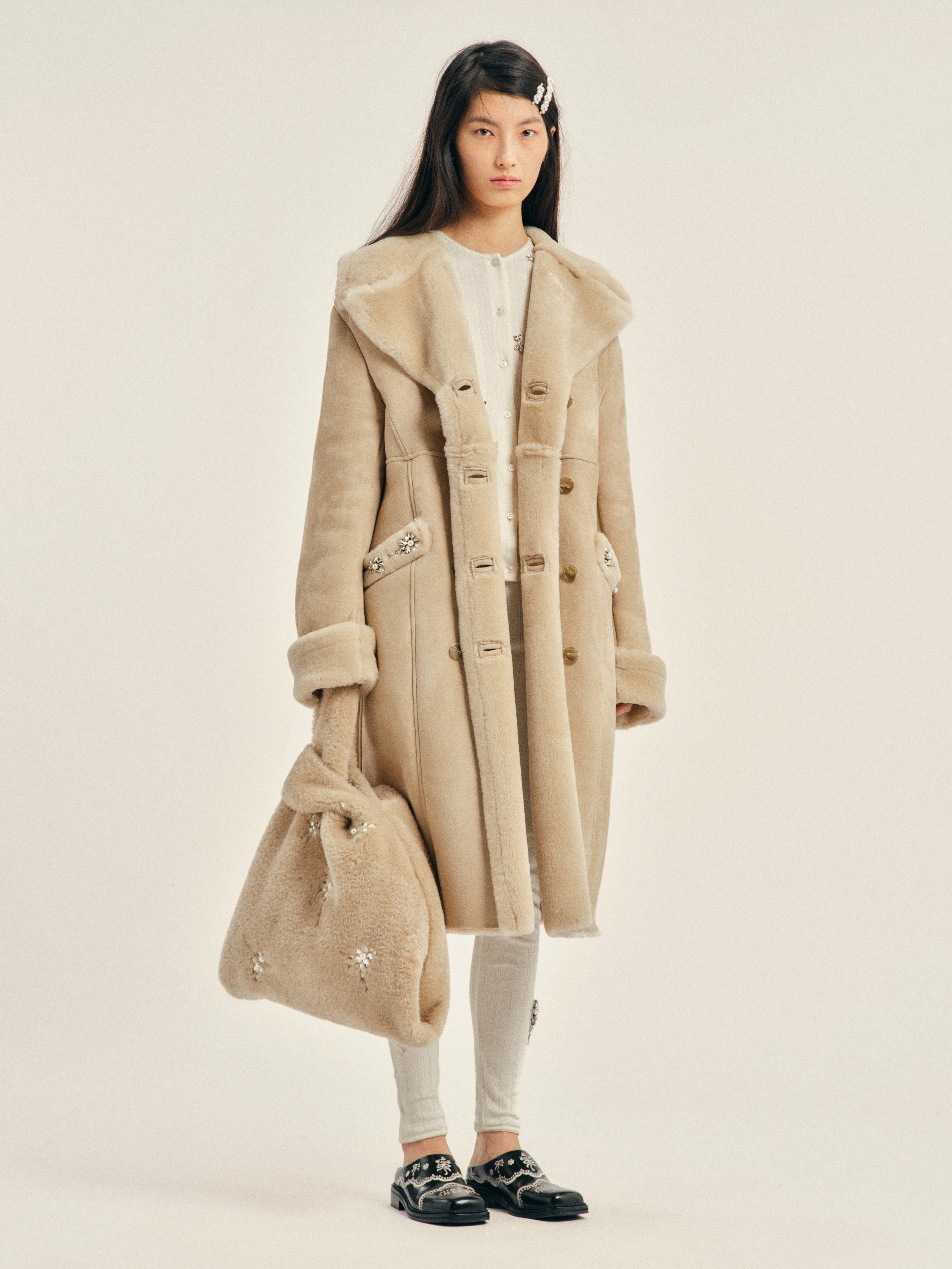 Embellished Double Breasted Sheepskin Slash Coat - 1