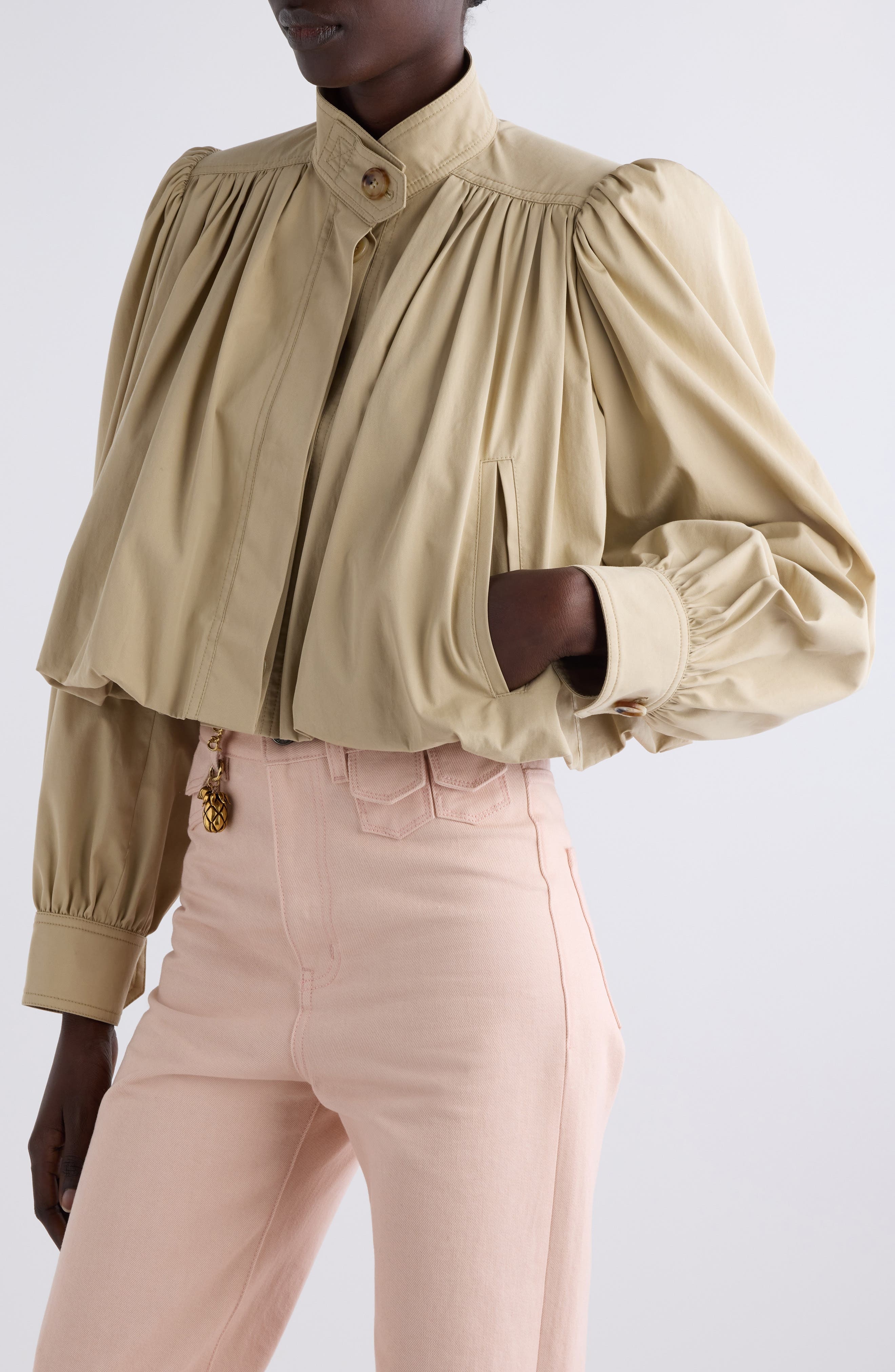 Chloé Puff Sleeve Gathered Cotton Gabardine Crop Jacket in Smoky Beige at Nordstrom - 5