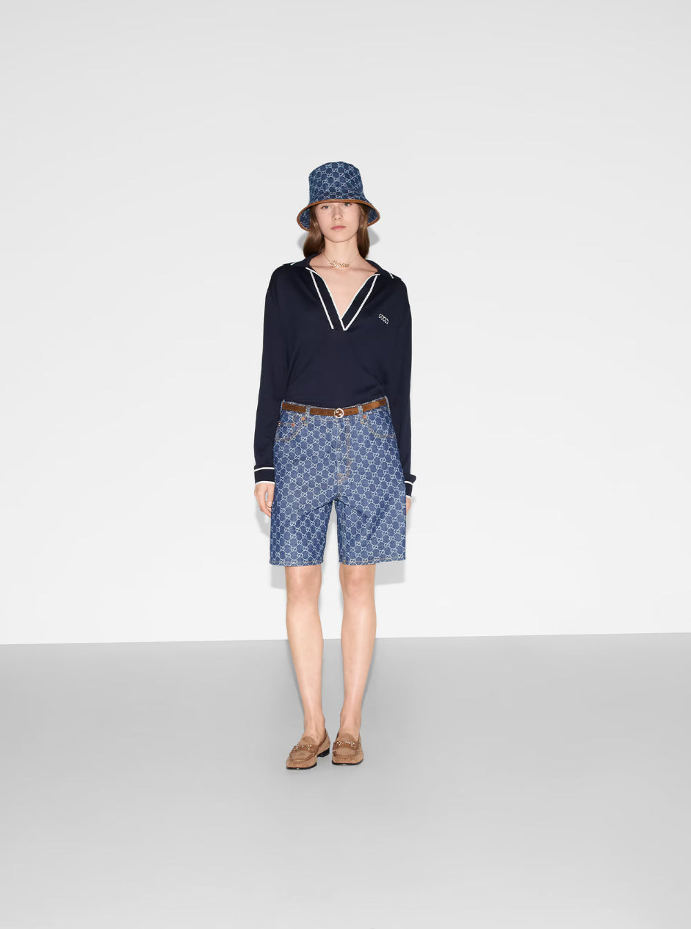 Gucci Women Blue Polo Shirt With V Neck And Logo Lettering On The Front In Silk And Cotton Woman - 4