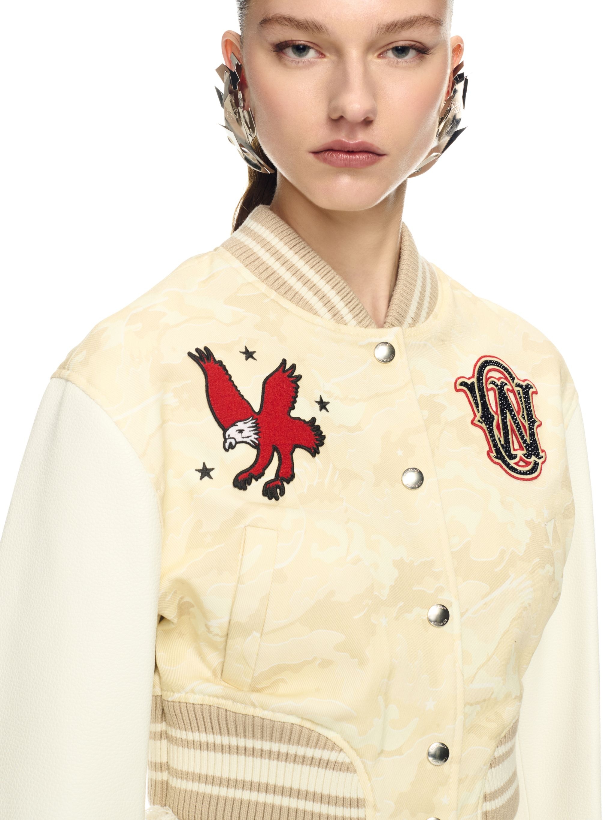 Cream Camo Leather Cropped Varsity Jacket - 5