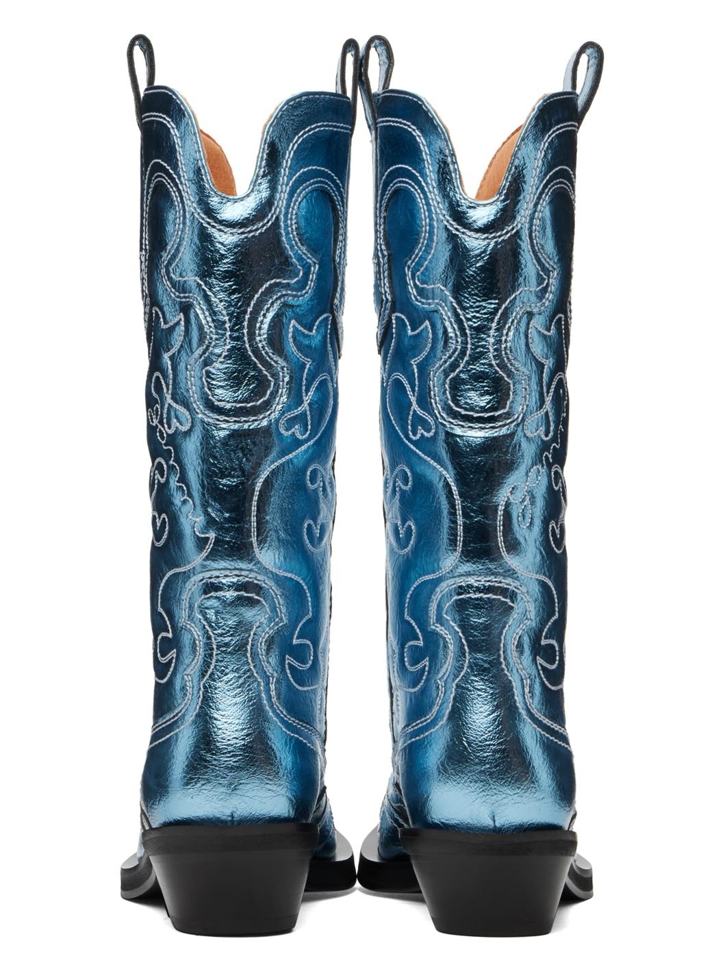 Blue Metallic Mid Shaft Embroidered Western Boots - 2