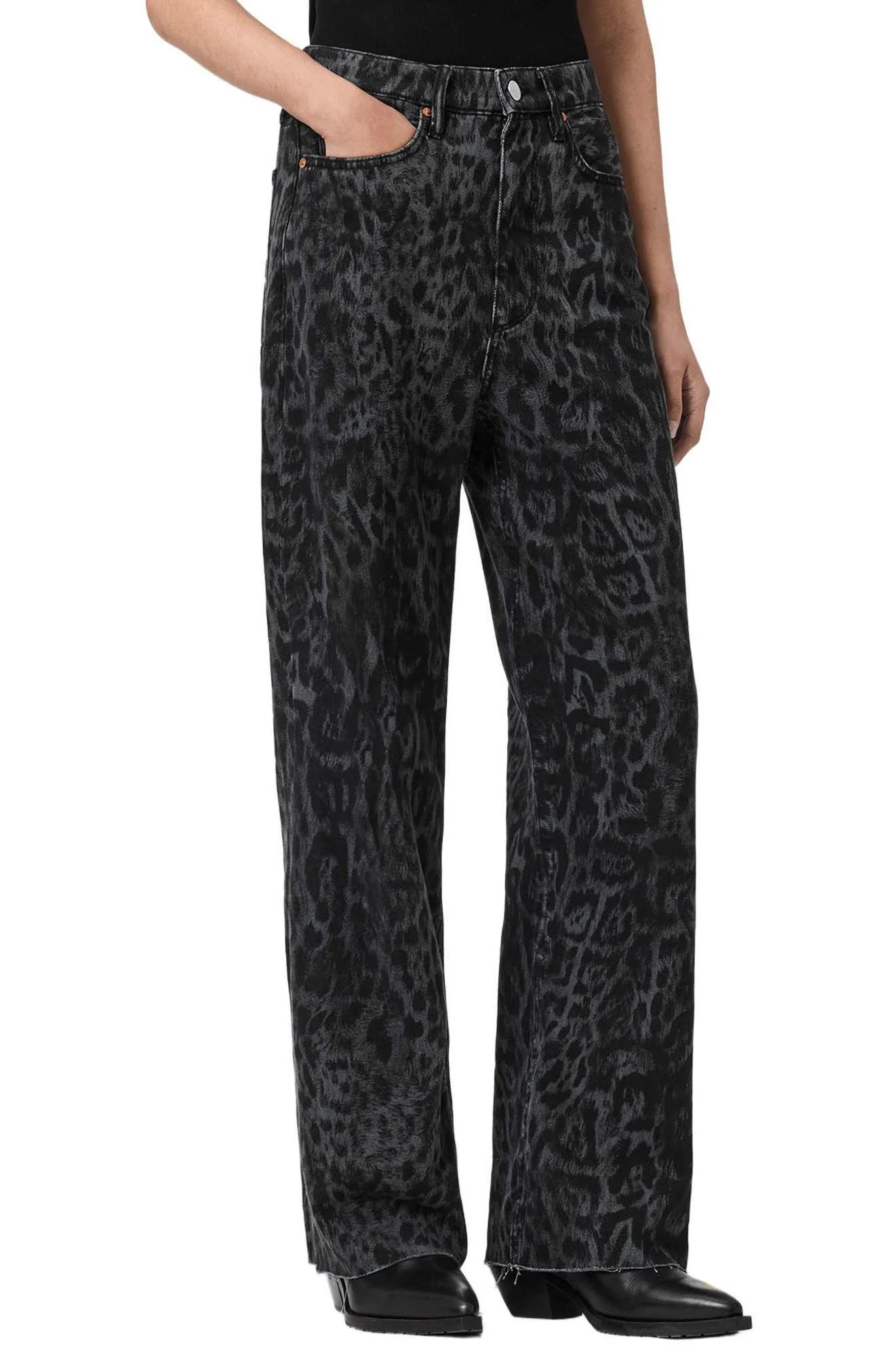 AllSaints Blake Leopard Print Wide Leg Jeans in Leppo Black at Nordstrom - 1