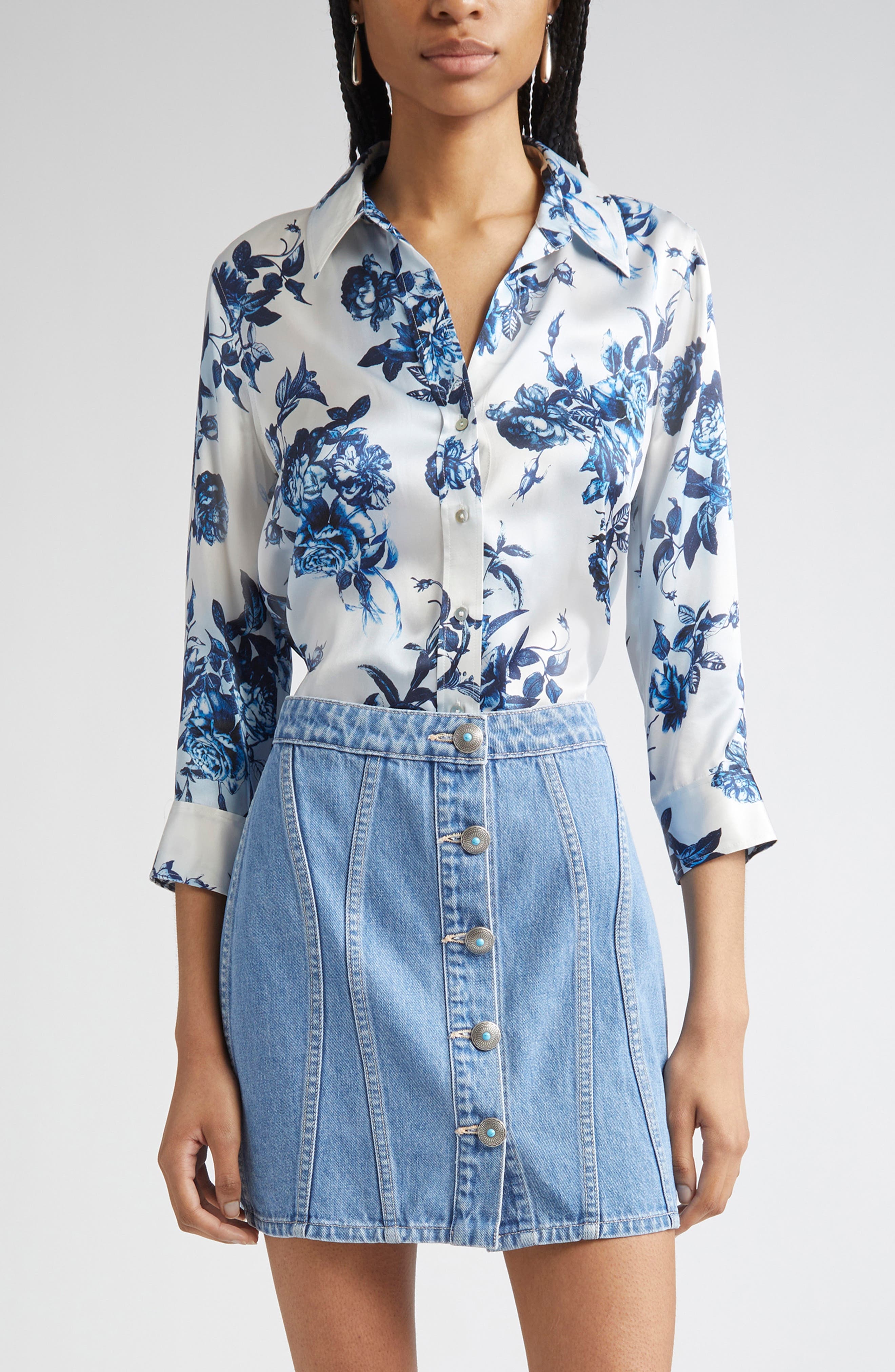 L'AGENCE Dani Floral Silk Button-Up Shirt in White/Blue Painterly Floral at Nordstrom - 1