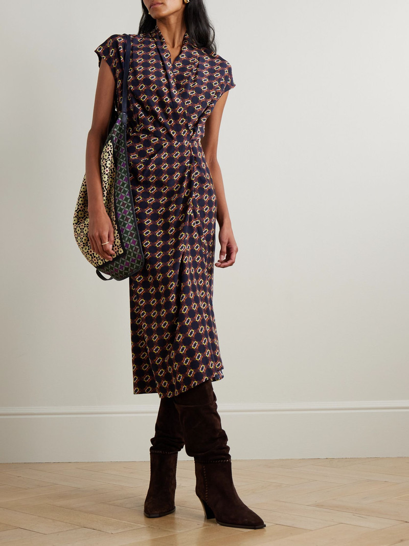Dries Van Noten Wrap-effect printed silk-crepe midi dress Brown outlook