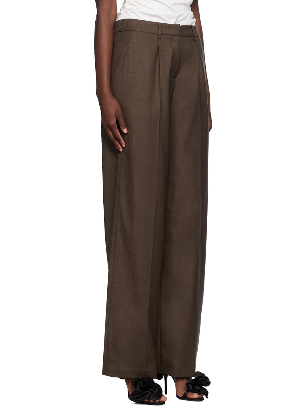 Brown Wide Leg Tailored Wool Trousers - 2