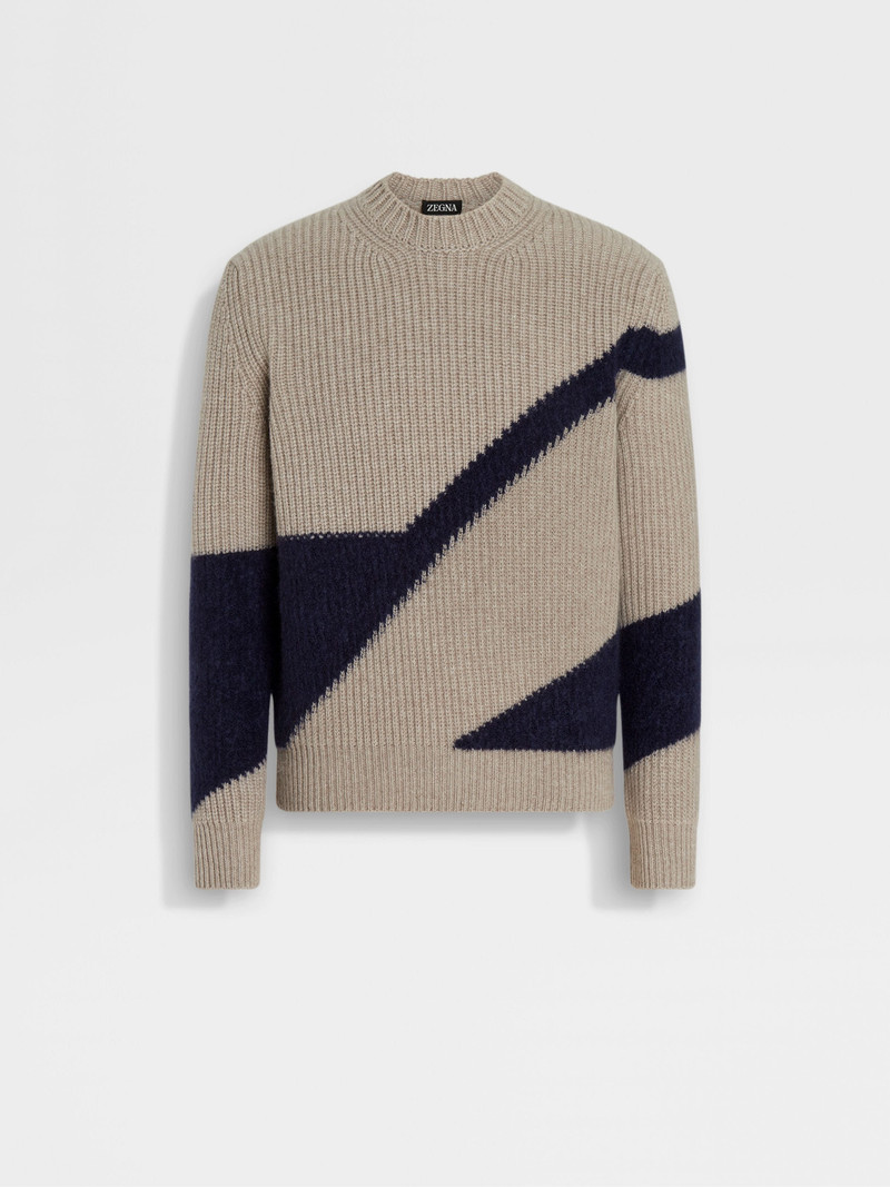 LIGHT TAUPE AND INK BLUE CASHMERE AND SILK CREWNECK 1