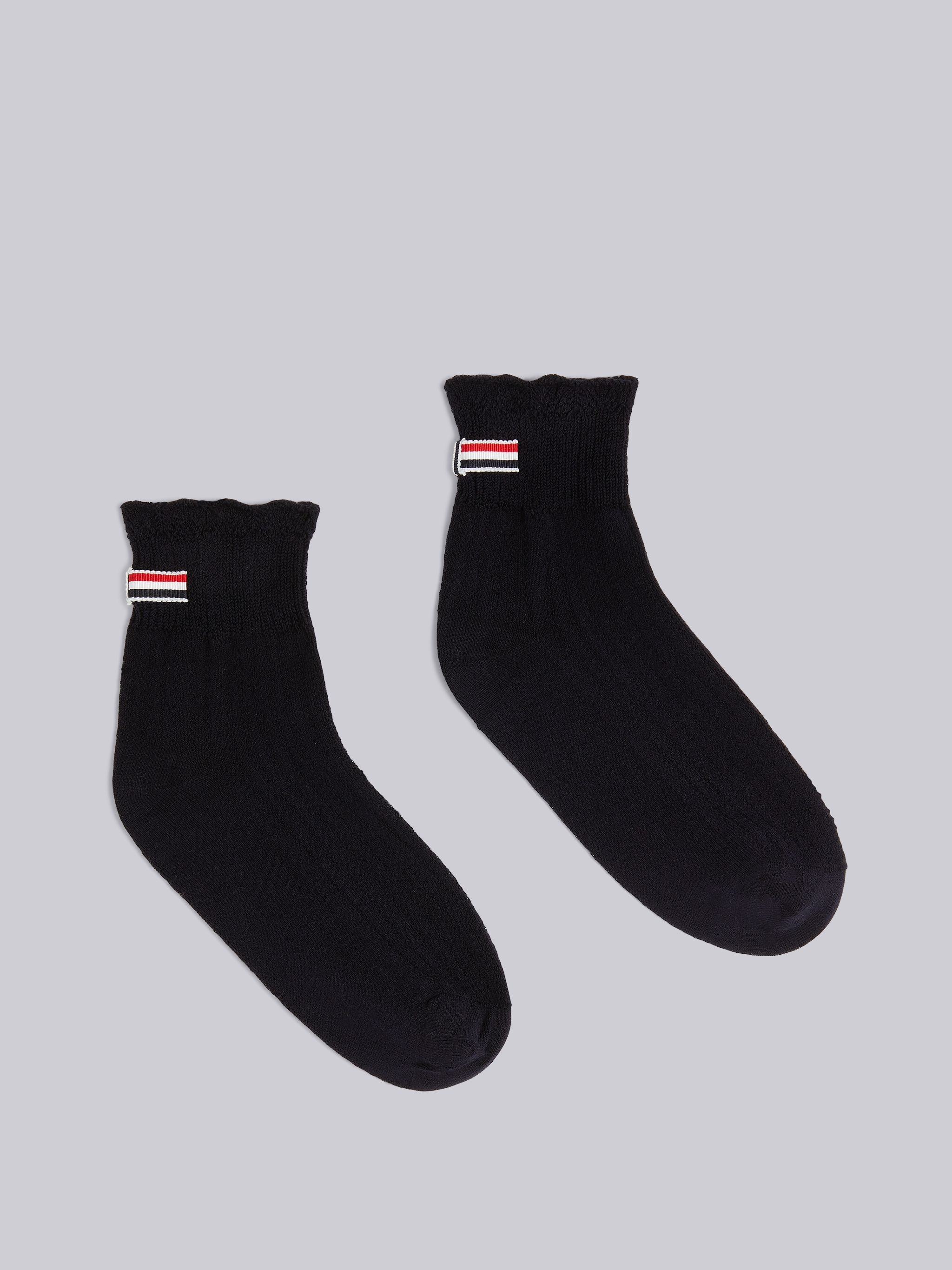 Navy Pointelle Overtwisted Cotton Ribbed Lace Bow Trim Crew Length Socks - 1