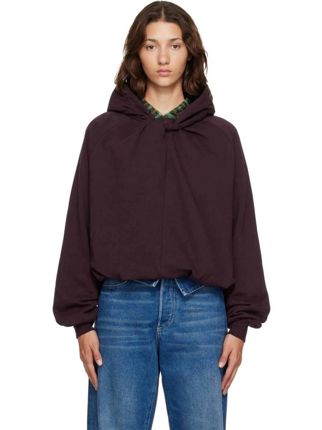 Burgundy Draped Cotton Hoodie - 1