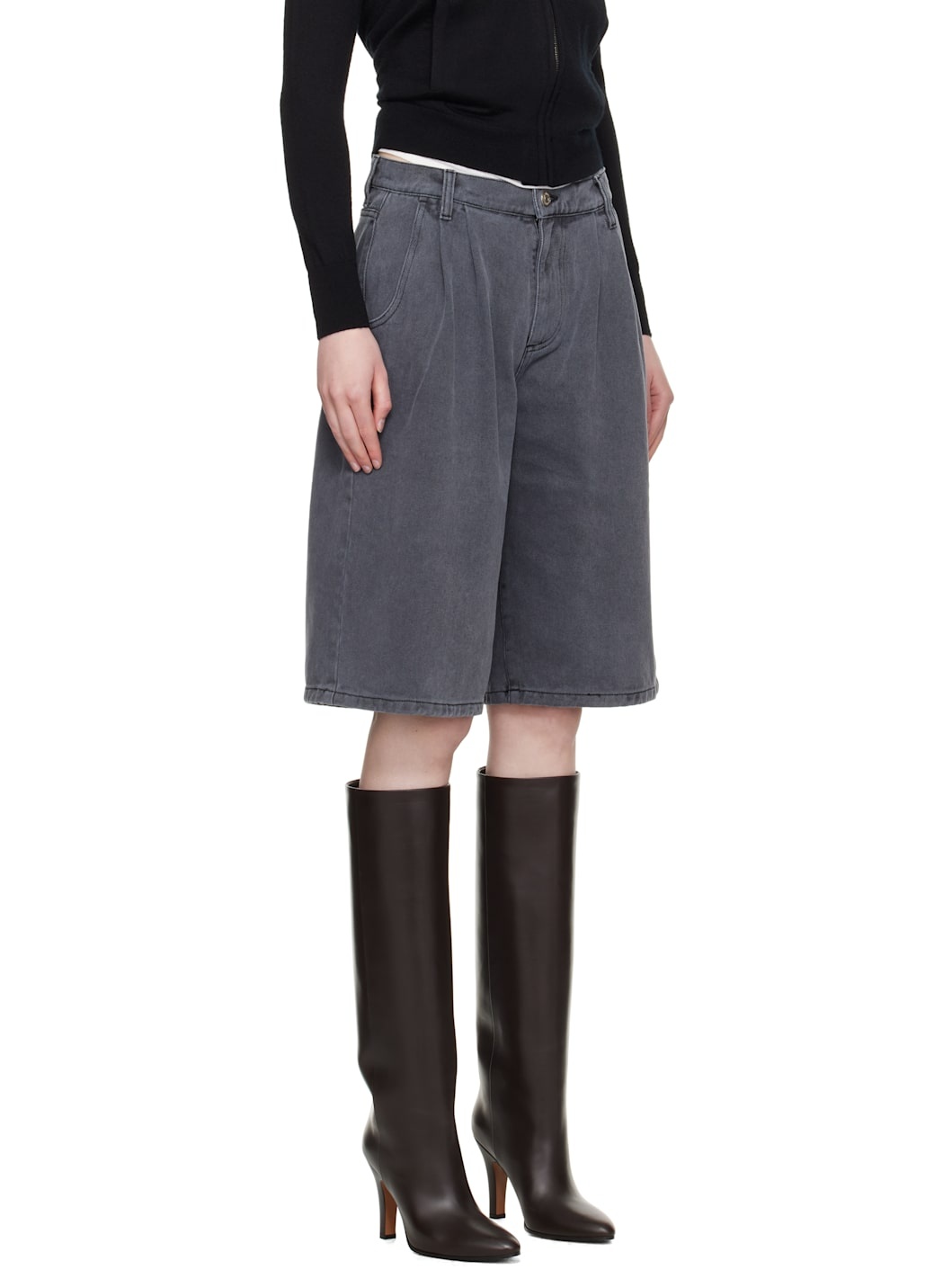 Gray Flower Rivet Denim Shorts - 2