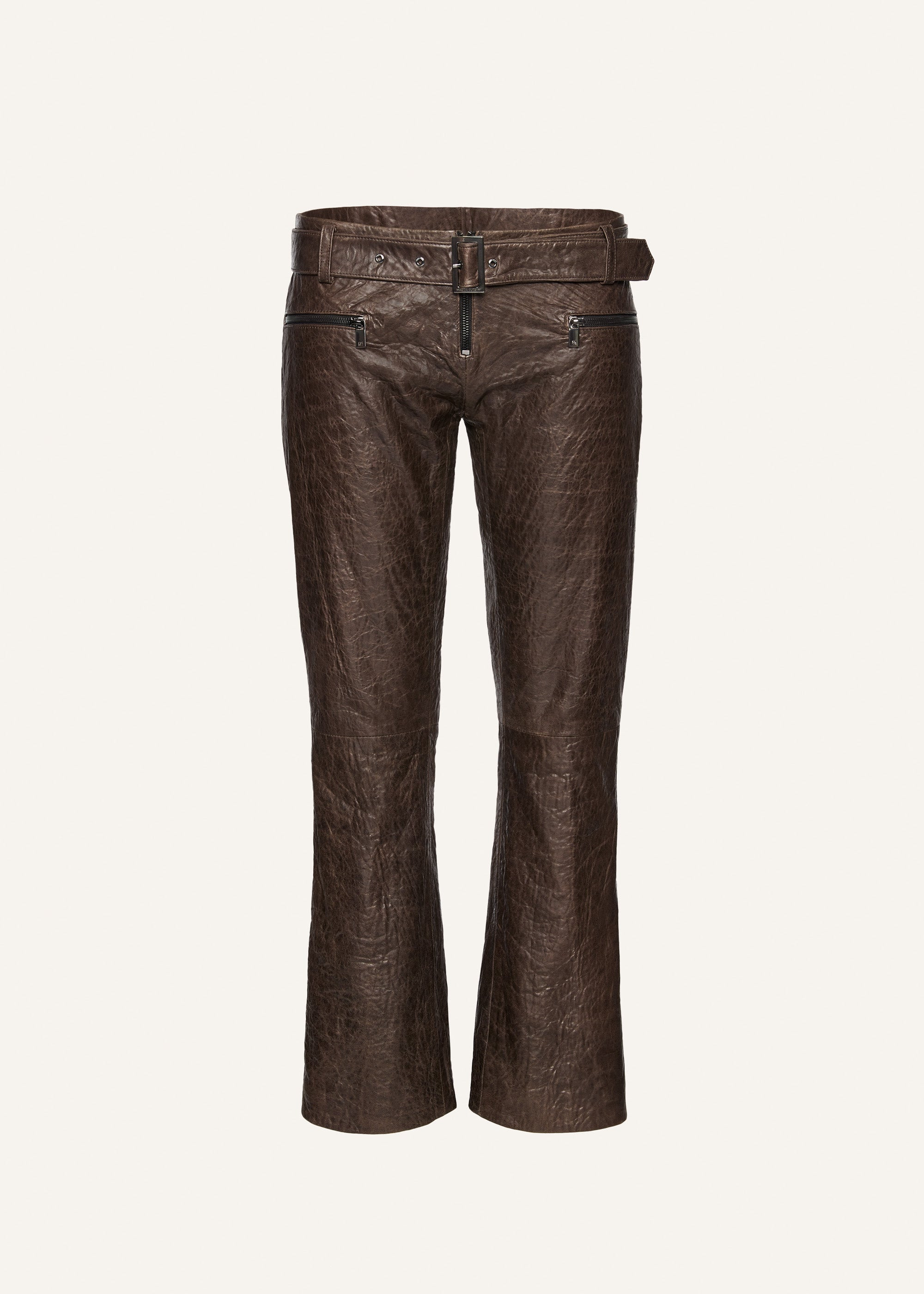 Crinkled leather belted pants in brown - 1