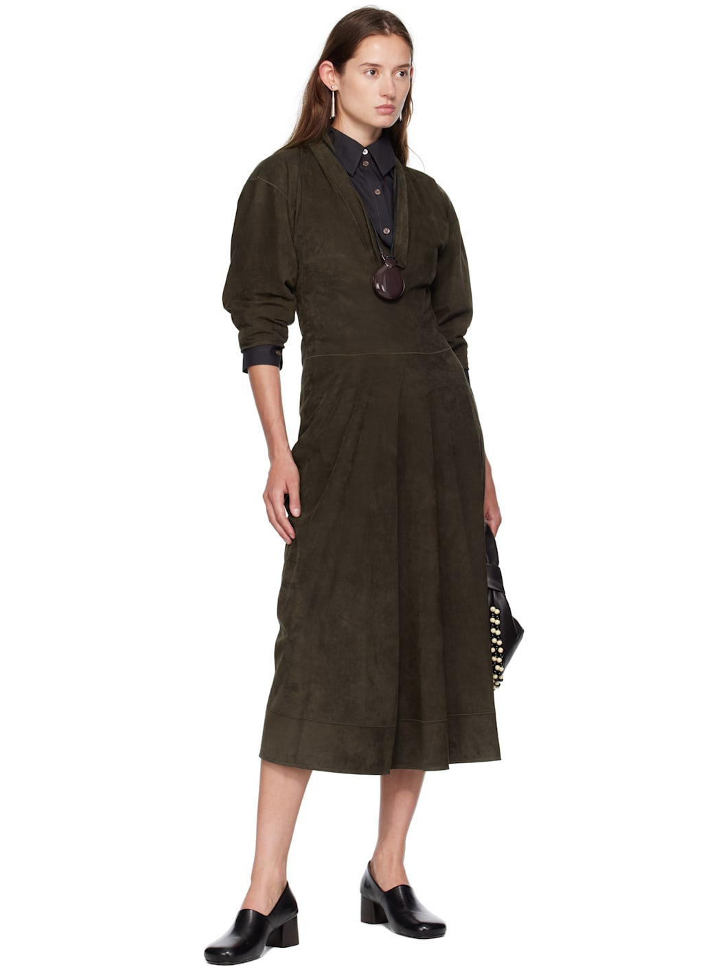 Khaki V-neck Nubuck Midi Dress - 4