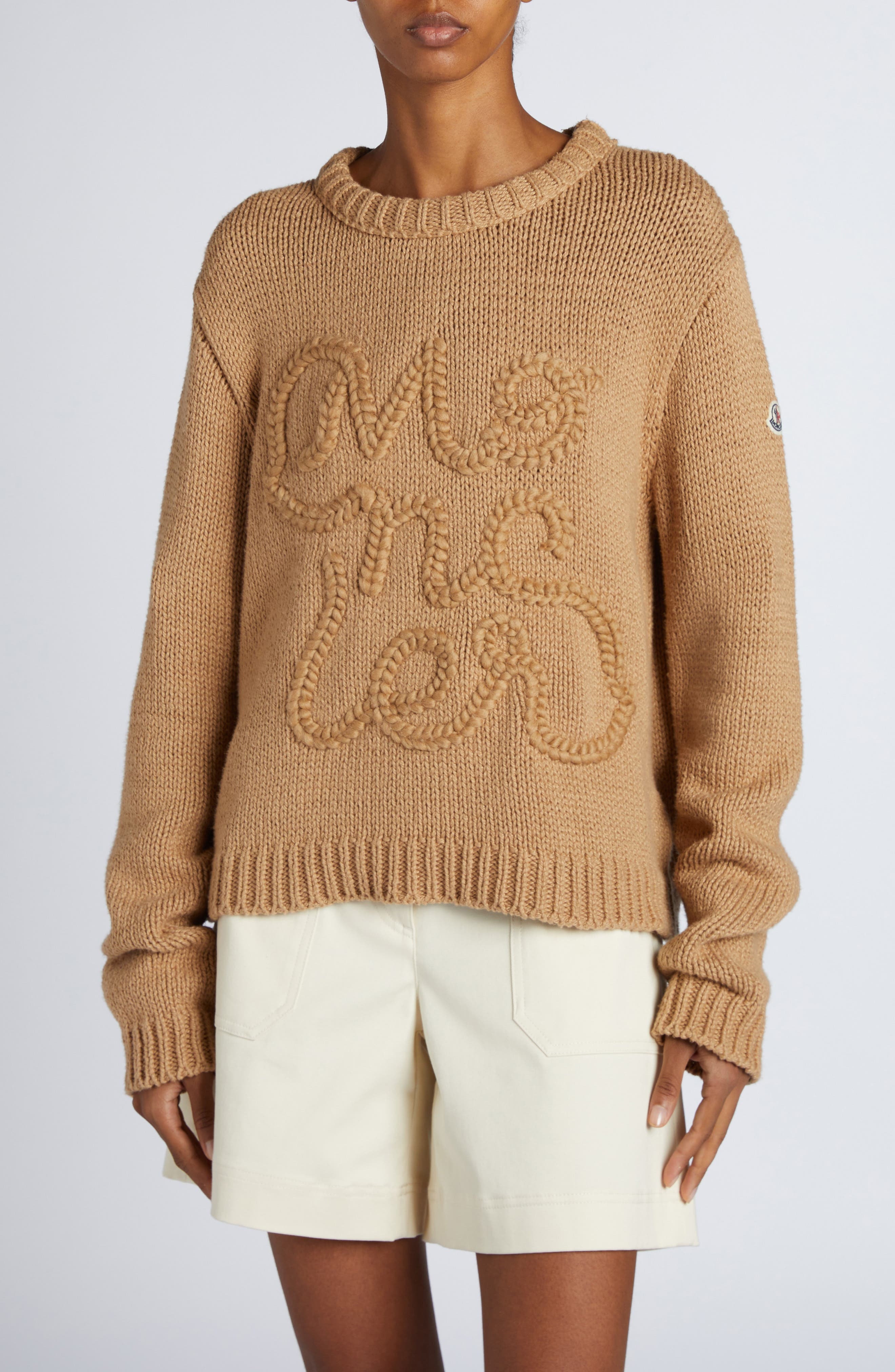 Moncler Logo Embroidered Crewneck Sweater in Beige Tan at Nordstrom - 1