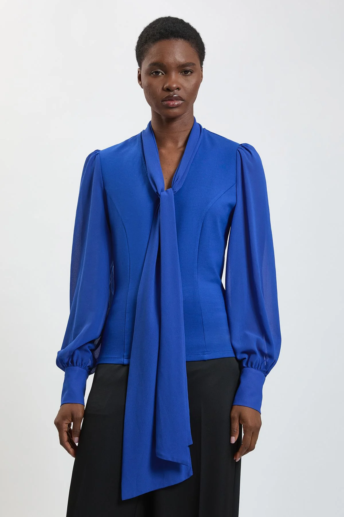 Ponte And Georgette Mix Balloon Sleeve Tie Neck Top - 1