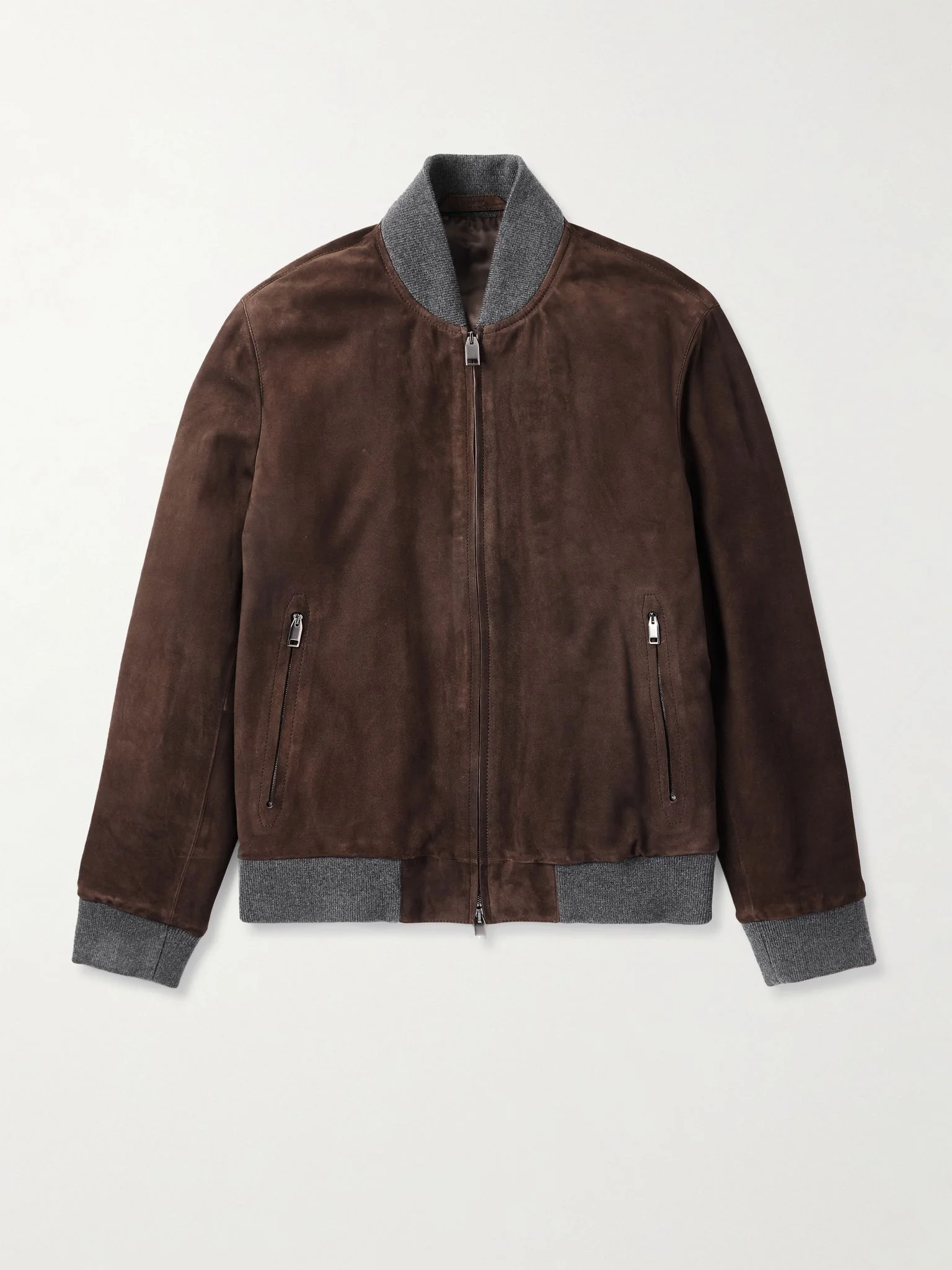 Wool-Trimmed Suede Bomber Jacket Brown - 1