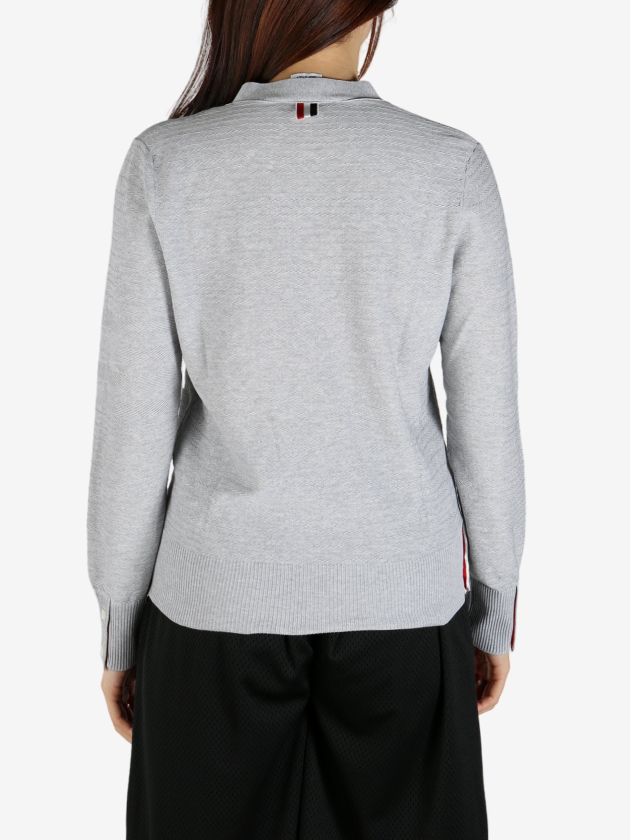 THOM BROWNE - Women Floated Cable Stitch  W/Knit In 4 Bar Stripe V Neck Cardigan - 3