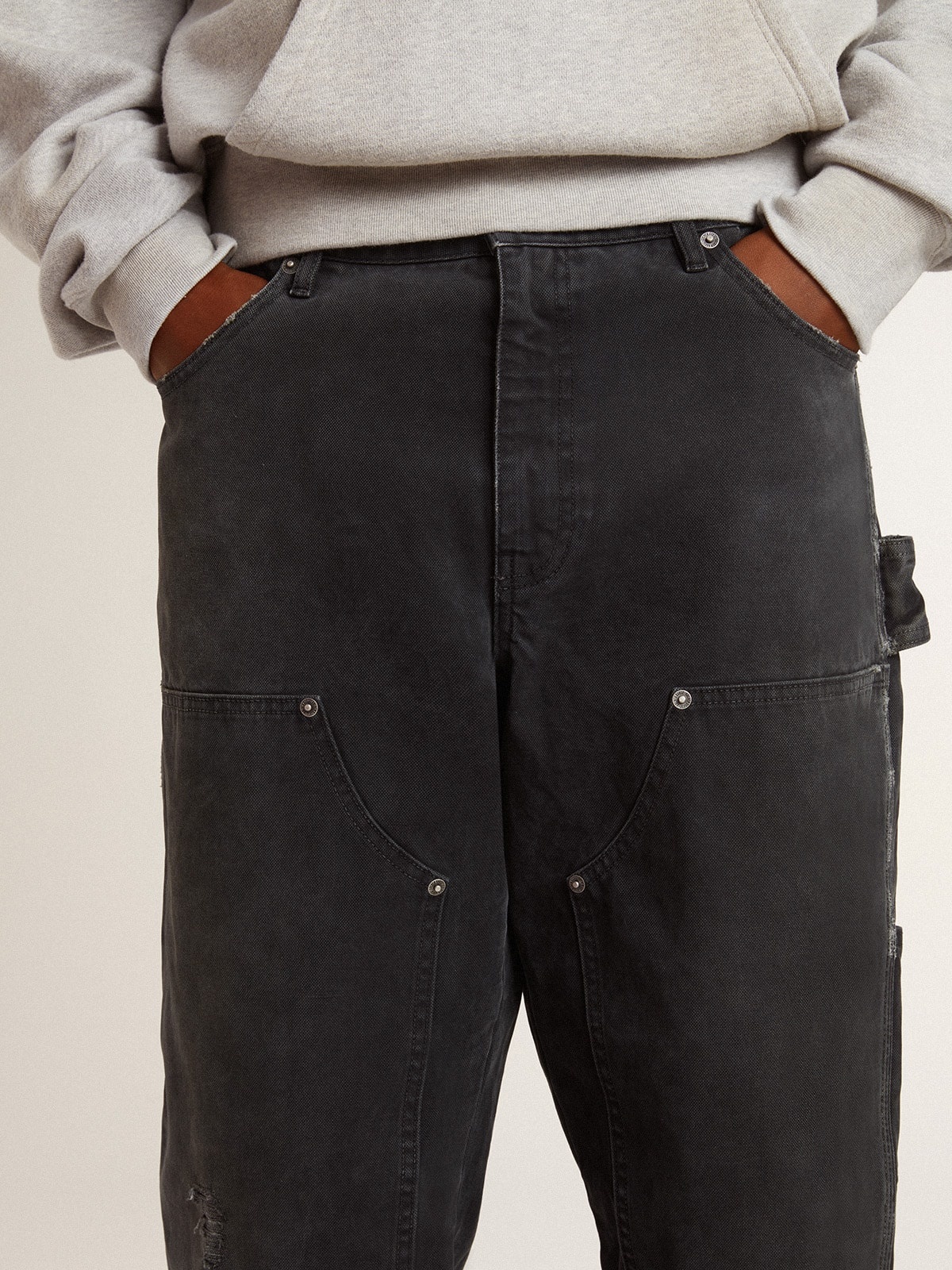 Men's distressed black cotton jeans with front patches - 4