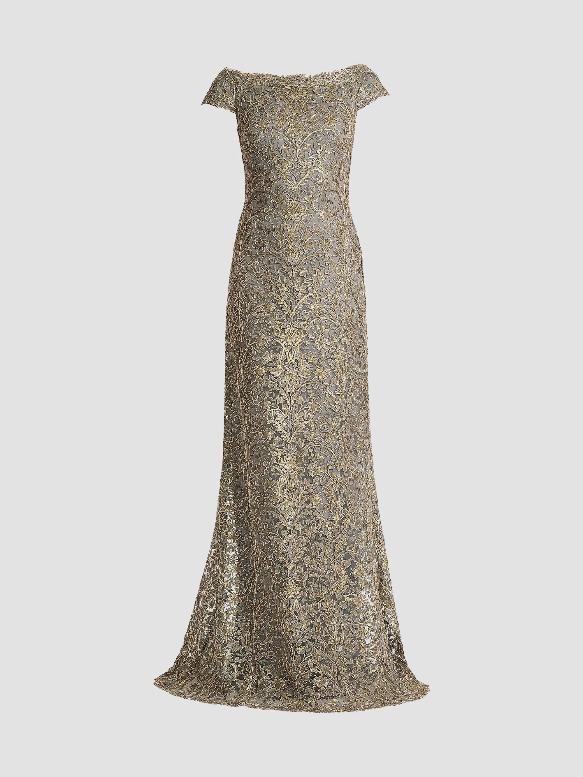 Women's Metallic Lace Column Gown - Smoke Pearl - 1