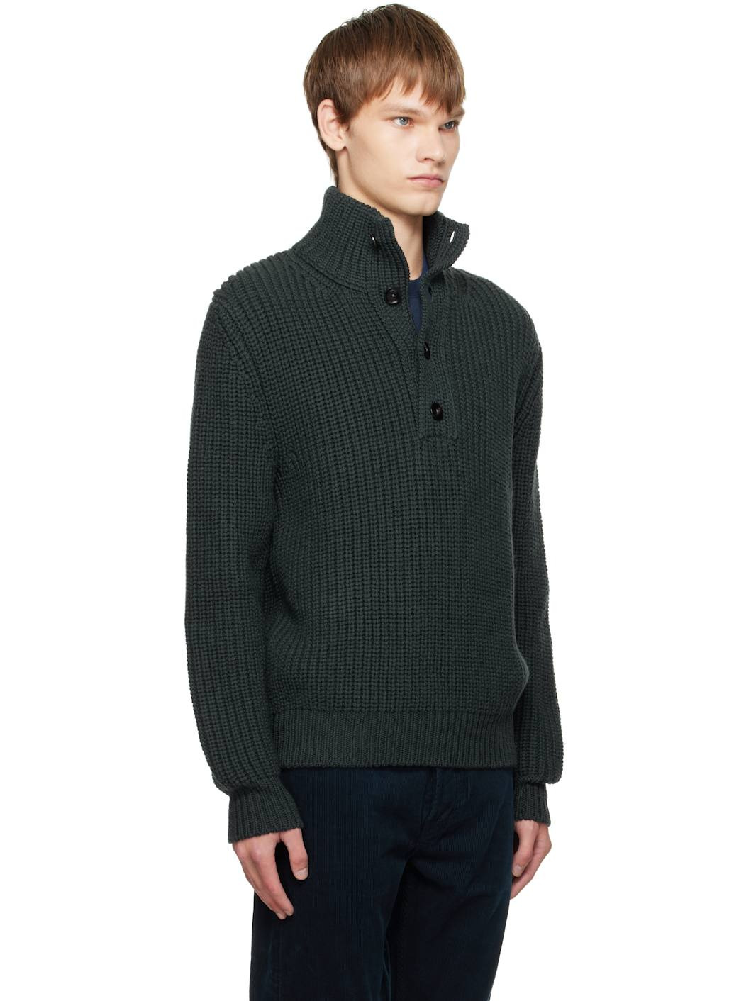 Gray Cashmere Wool Half Button Sweater - 2