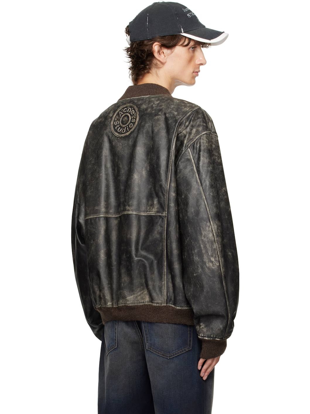 Black Distressed Leather Bomber Jacket - 3