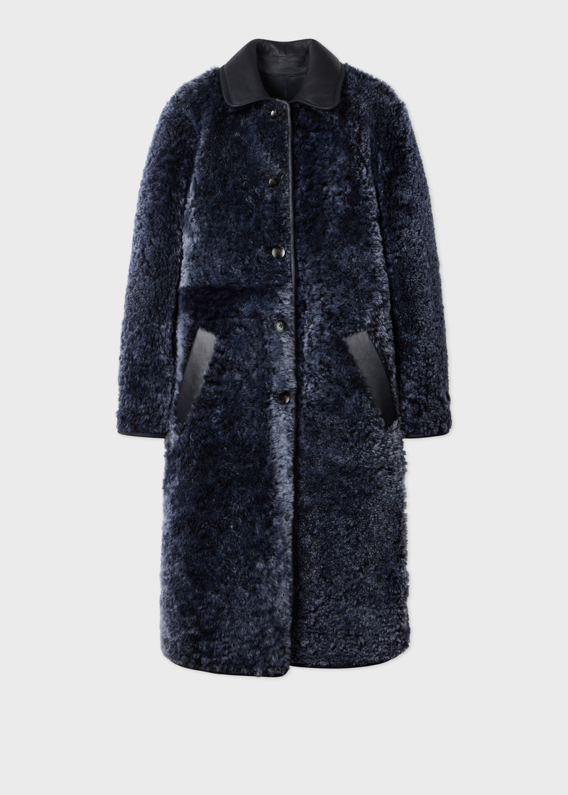 Women's Navy Reversible Leather and Shearling Coat 5
