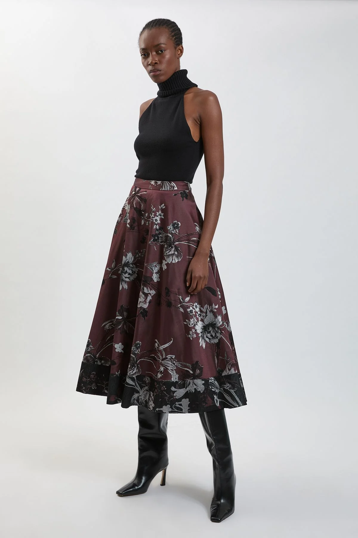 Floral Jacquard Tailored Full Midi Skirt - 1