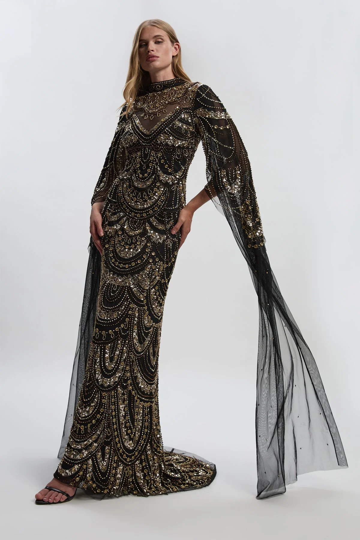 Premium Beaded Embellished Woven Midaxi Cape Dress - 1