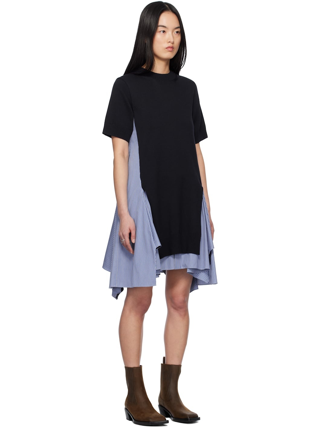Navy & Blue Cotton Poplin & Knit Midi Dress - 2