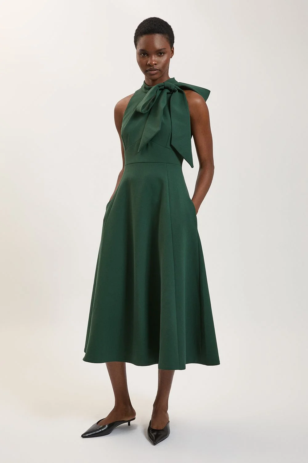 Compact Stretch Bow Tie Neck Full Skirted Midi Dress - 1