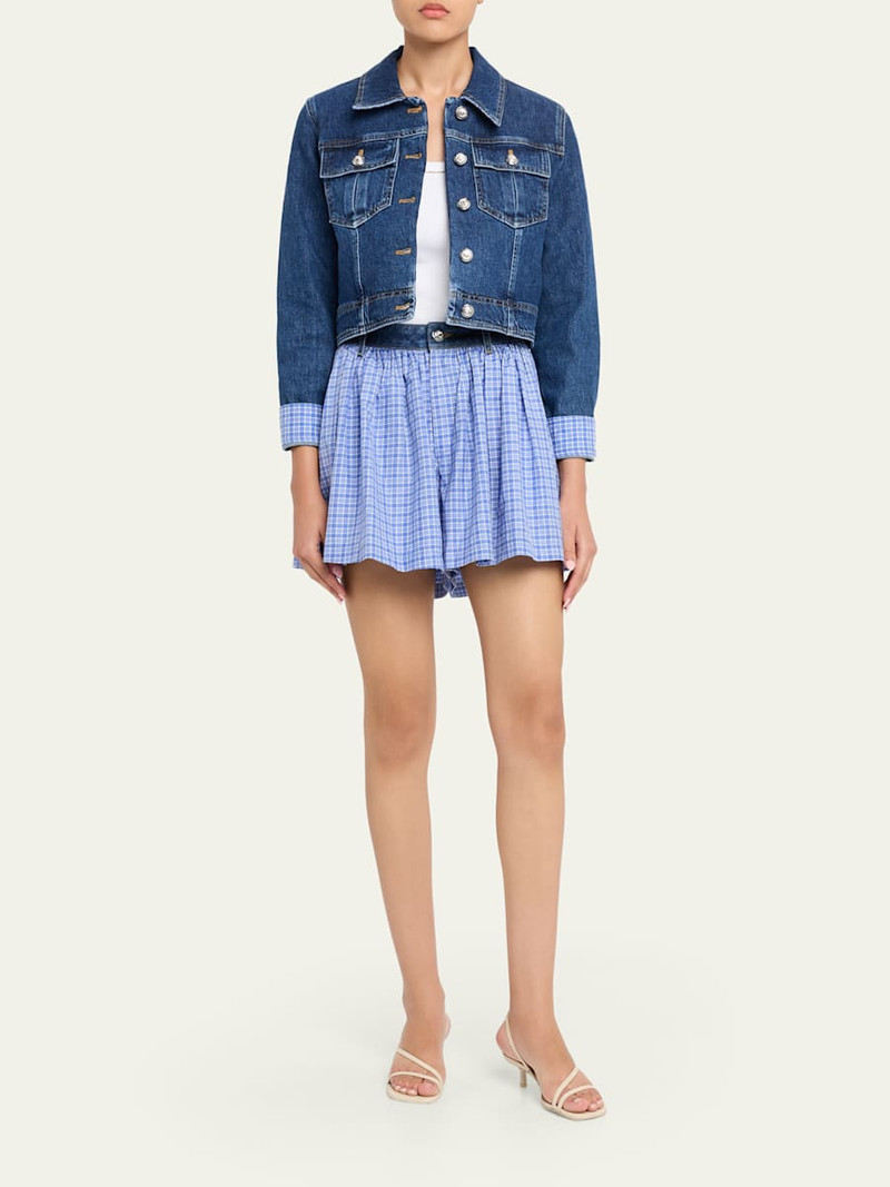 Cinq à Sept Lexie Gingham-Cuff Cropped Denim Jacket outlook