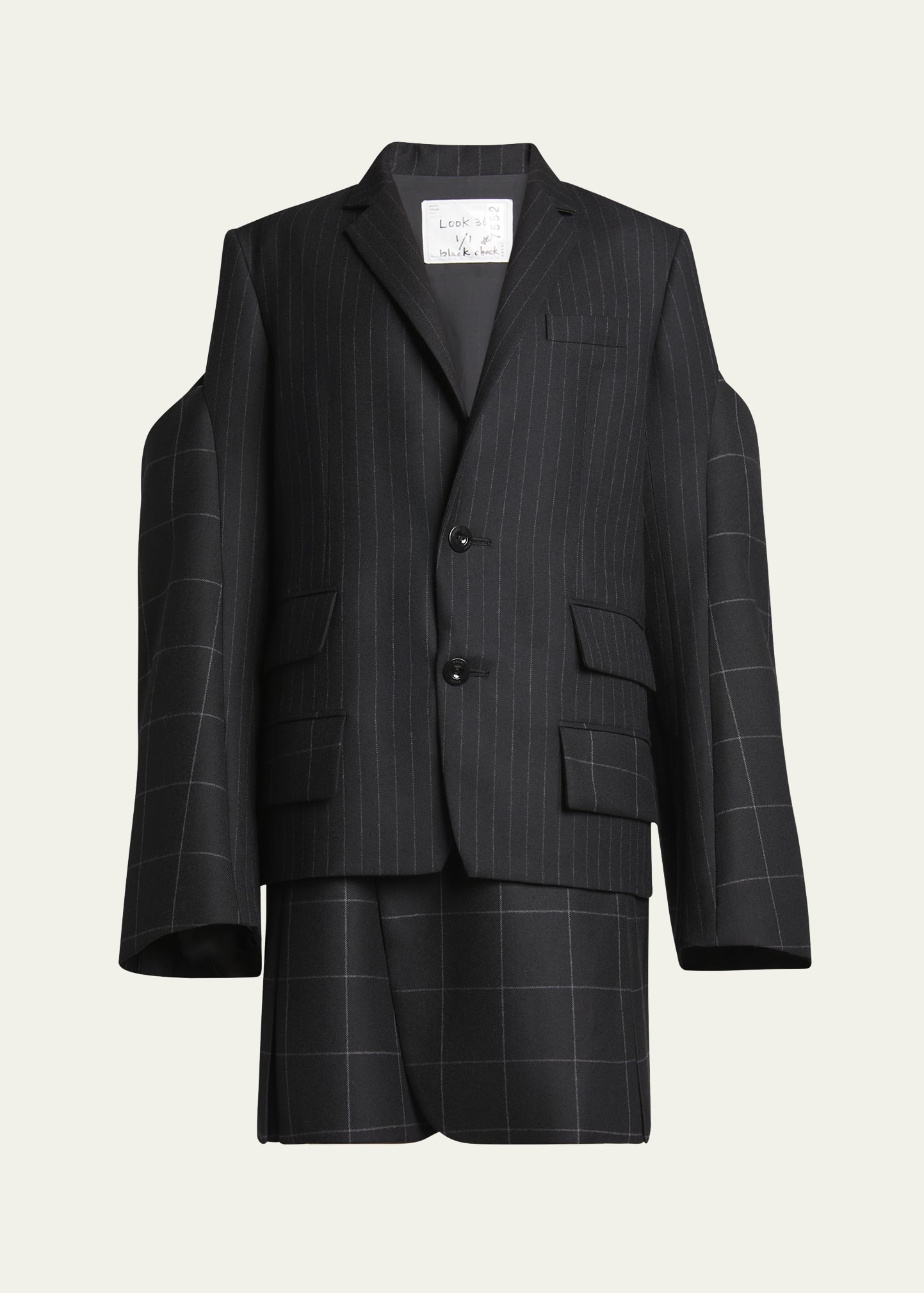 Pinstripe Windowpane Wool Blazer with Oversized Sleeves - 1