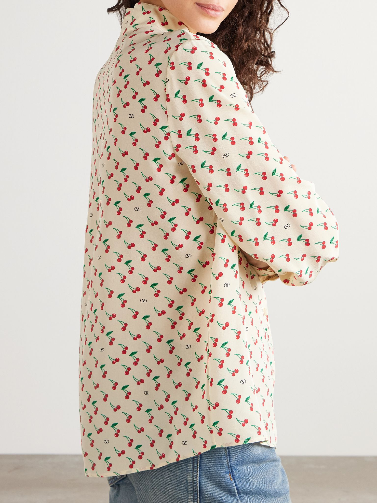 Printed silk crepe de chine shirt Cream - 4