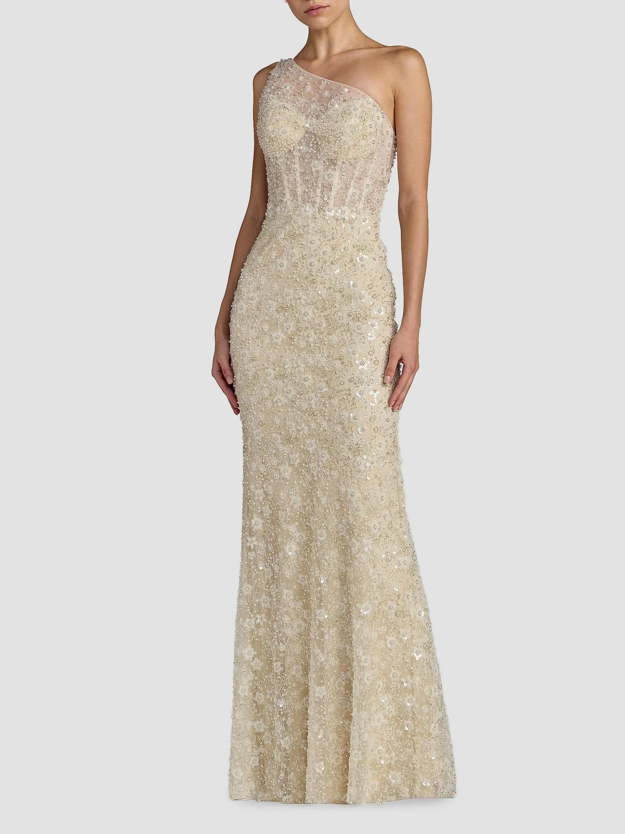 Women's Sequined Floral Mesh One-Shoulder Trumpet Gown - Oyster Beige - 1