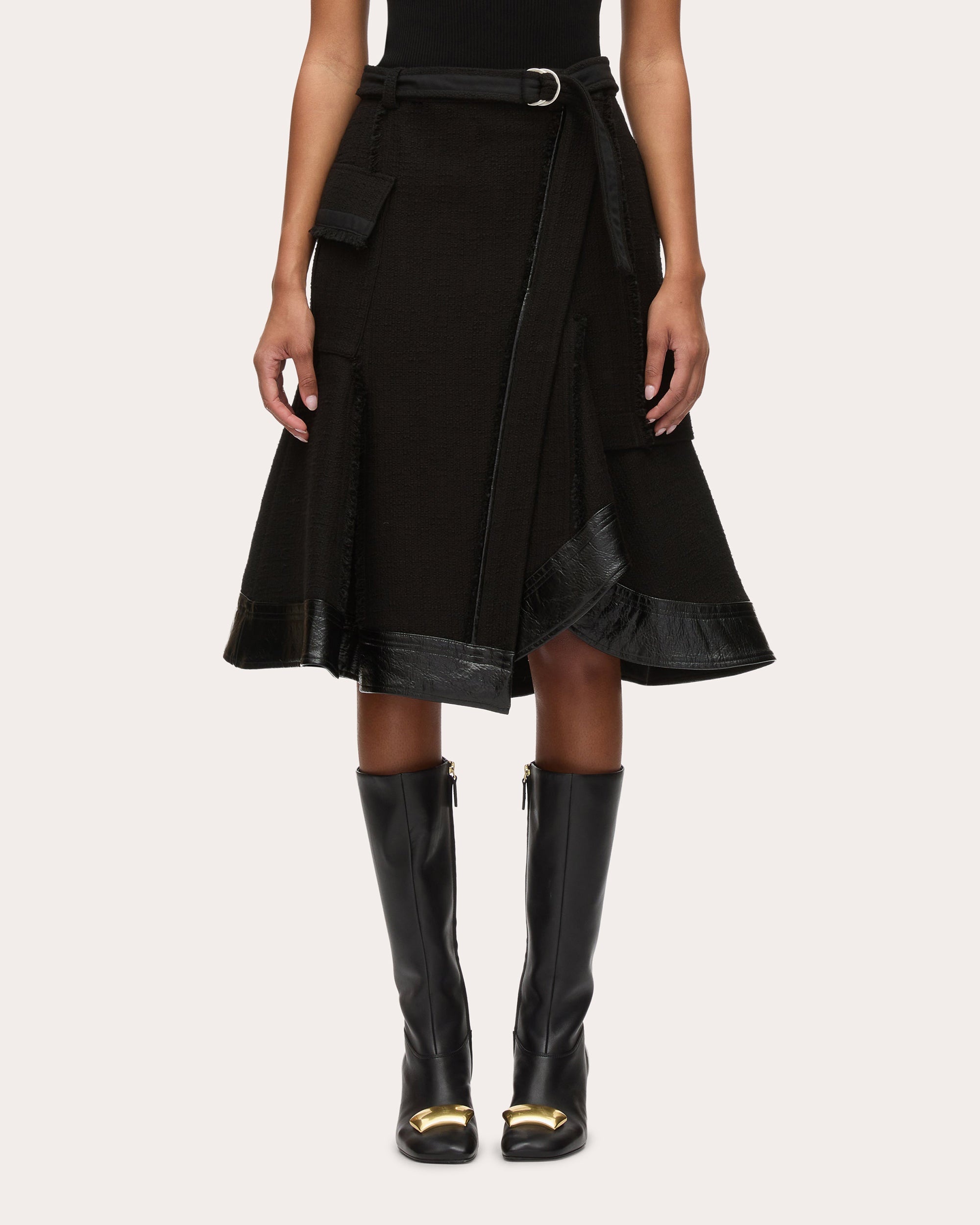 Belted Faux Leather-Trim Tweed Skirt - 1