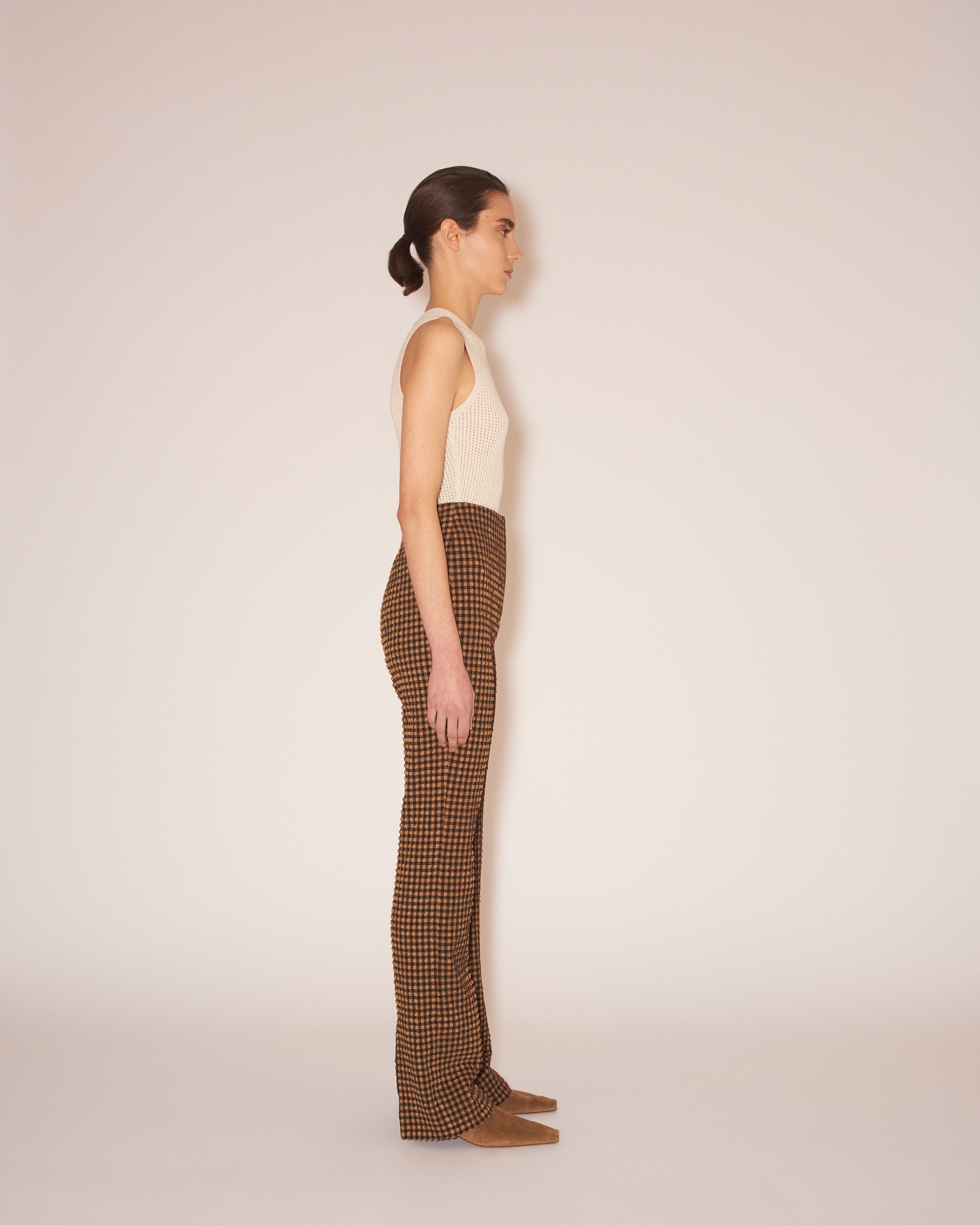 JUNA - Seersucker straight-leg pants - Dark brown/black check - 4