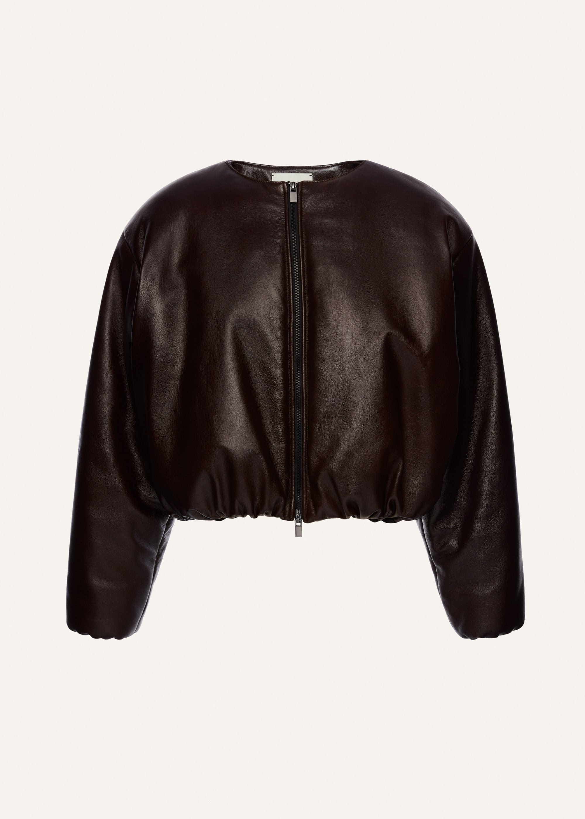 Collarless leather puffer jacket in burgundy - 1