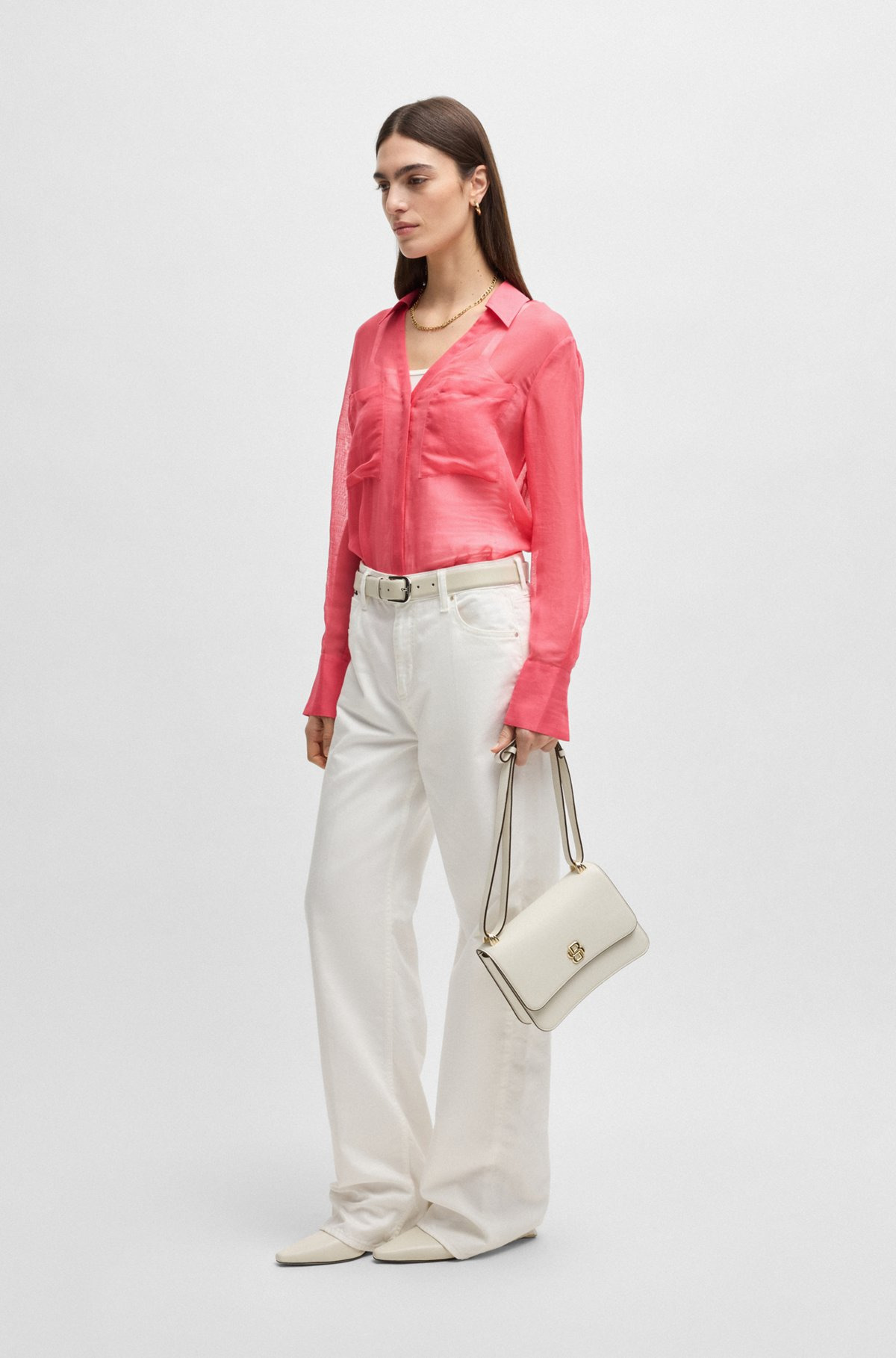 V-NECK BLOUSE IN RAMIE WITH COLLAR DETAIL - 3
