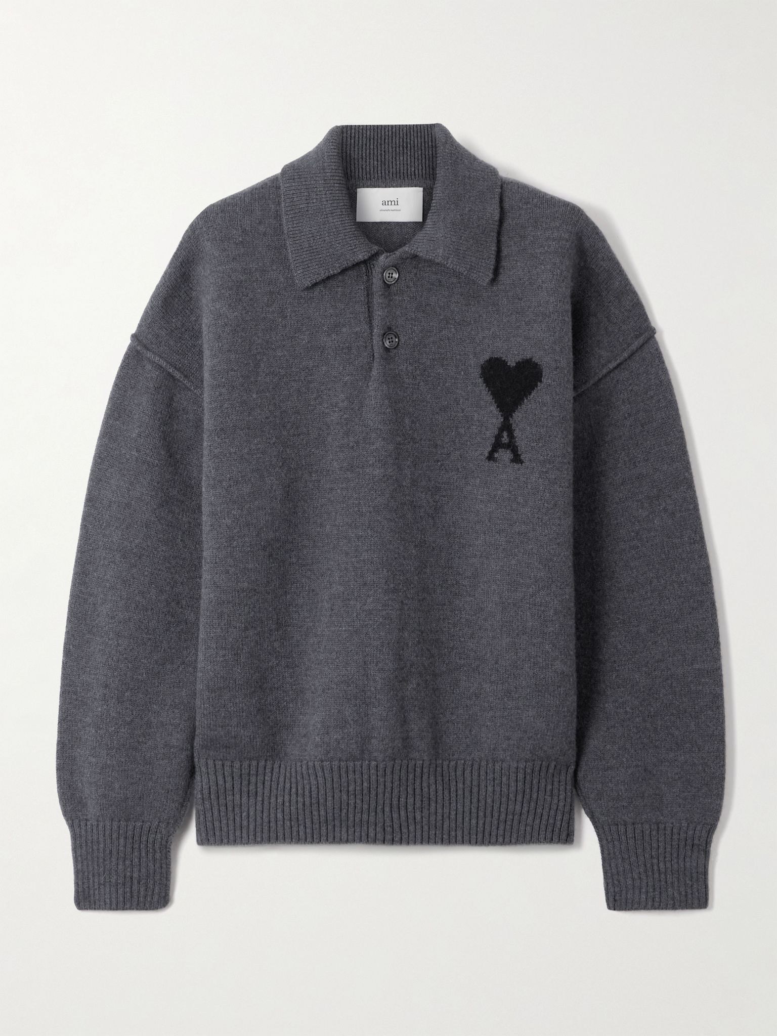 Oversized intarsia-knit wool polo sweater Dark gray - 1