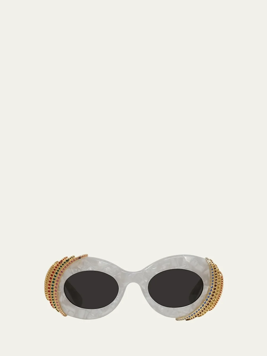 Embellished Acetate & Metal Oval Sunglasses - 1