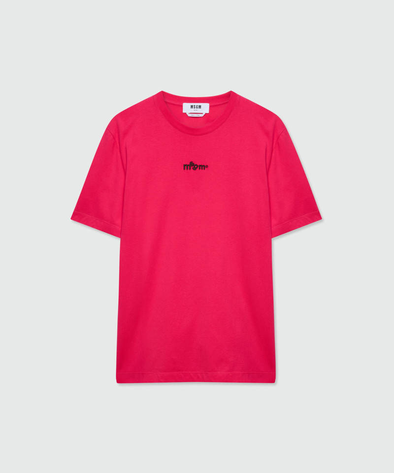 Pink short-sleeve cotton jersey T-shirt with front embroidery 1