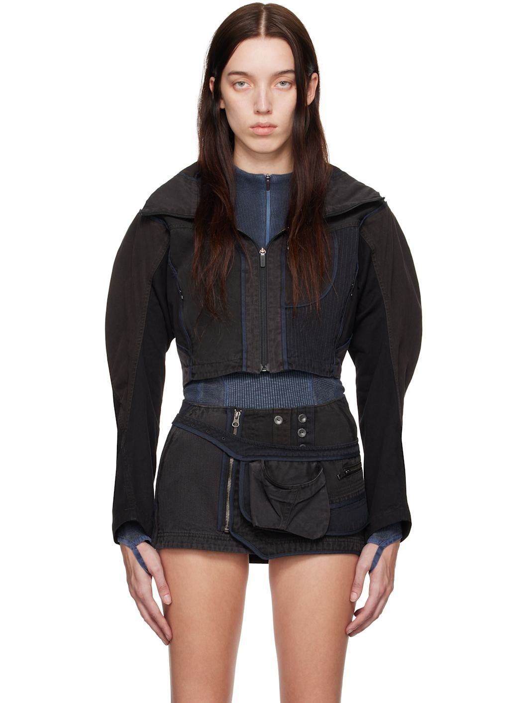 Black & Gray Patchwork Crop Jacket - 1