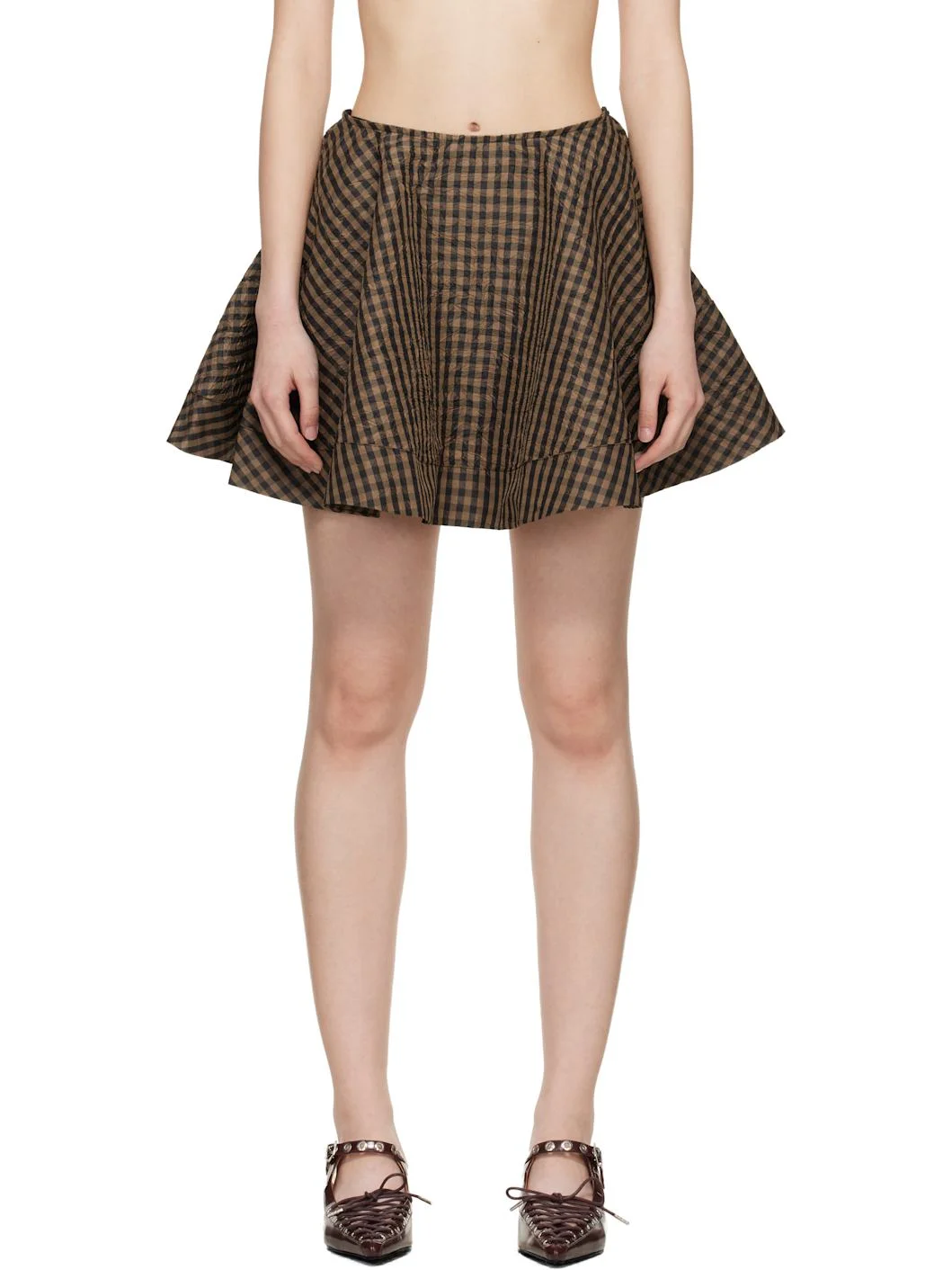 Brown Crinkled Check Circle Miniskirt - 1