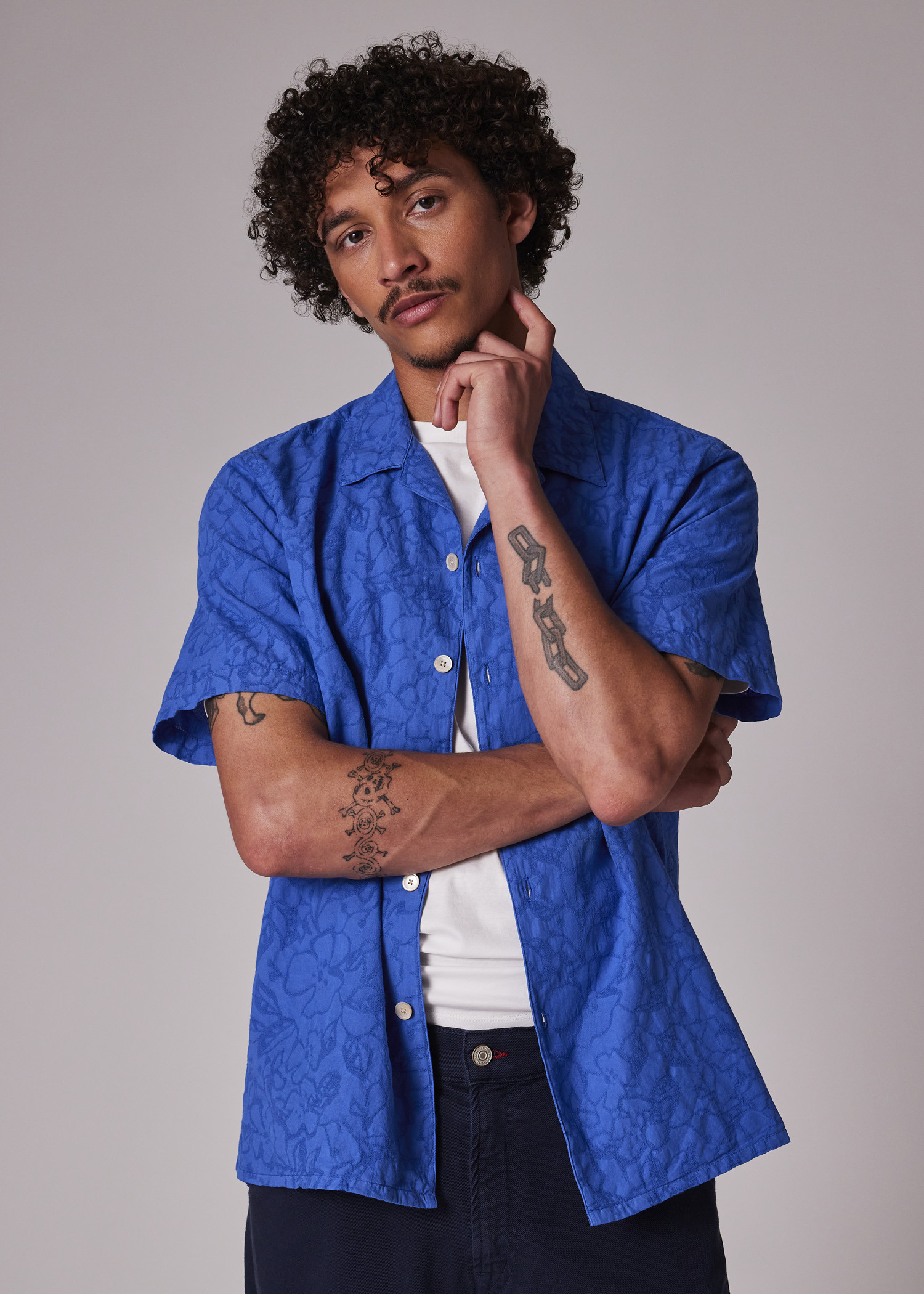 Mid Blue Cotton Textured-Jacquard Short-Sleeve Shirt - 5