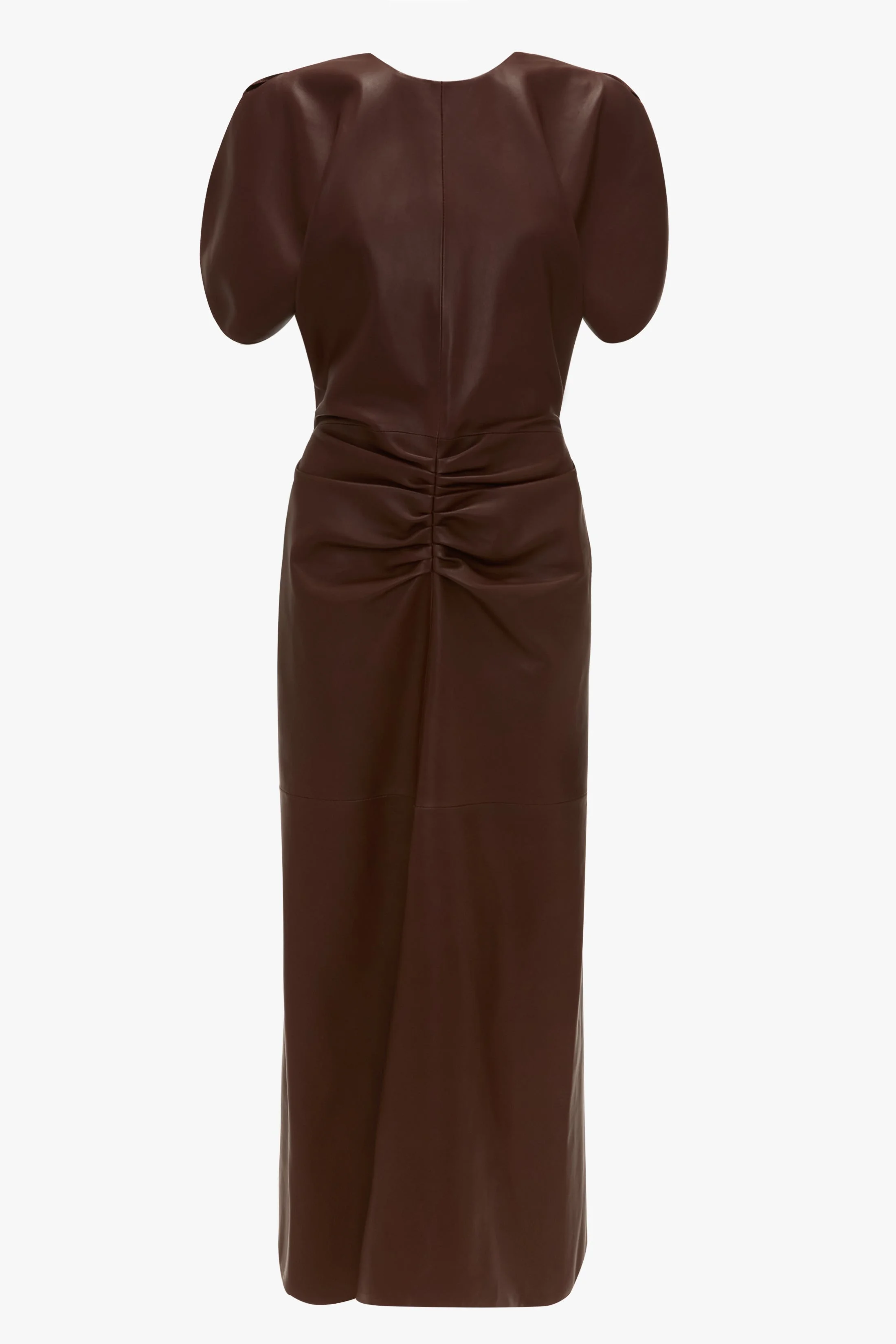 Gathered Waist Midi Dress In Soft Burgundy Leather - 1