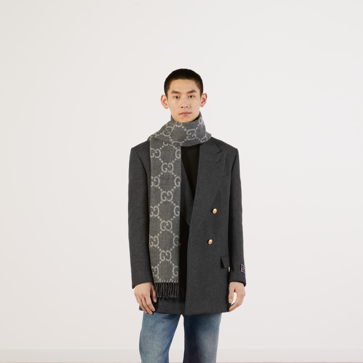 GG jacquard pattern knit scarf with tassels - 3